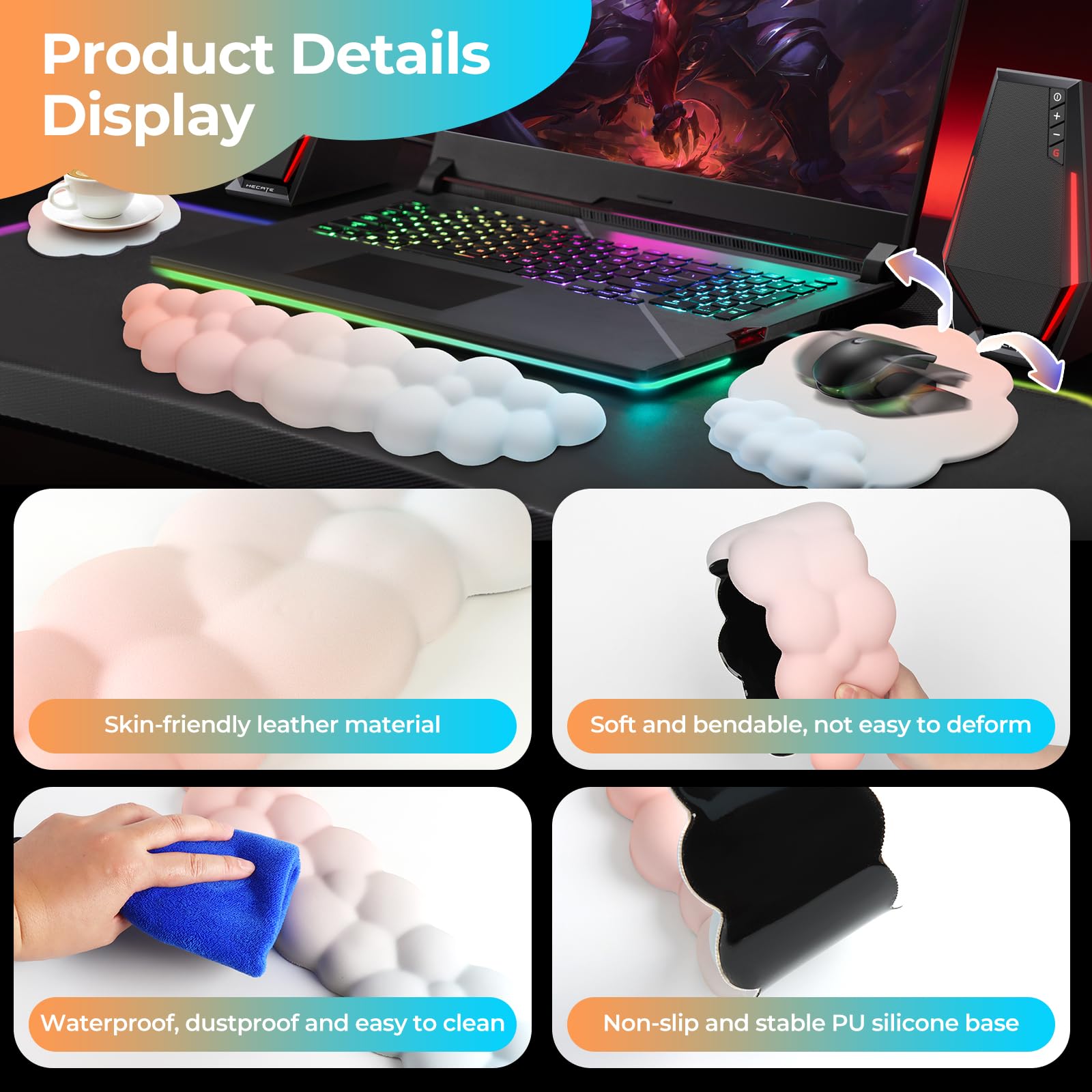 Poggiapolsi Tastiera e Mouse Memory Foam Ergonomico Antiscivolo Bianco