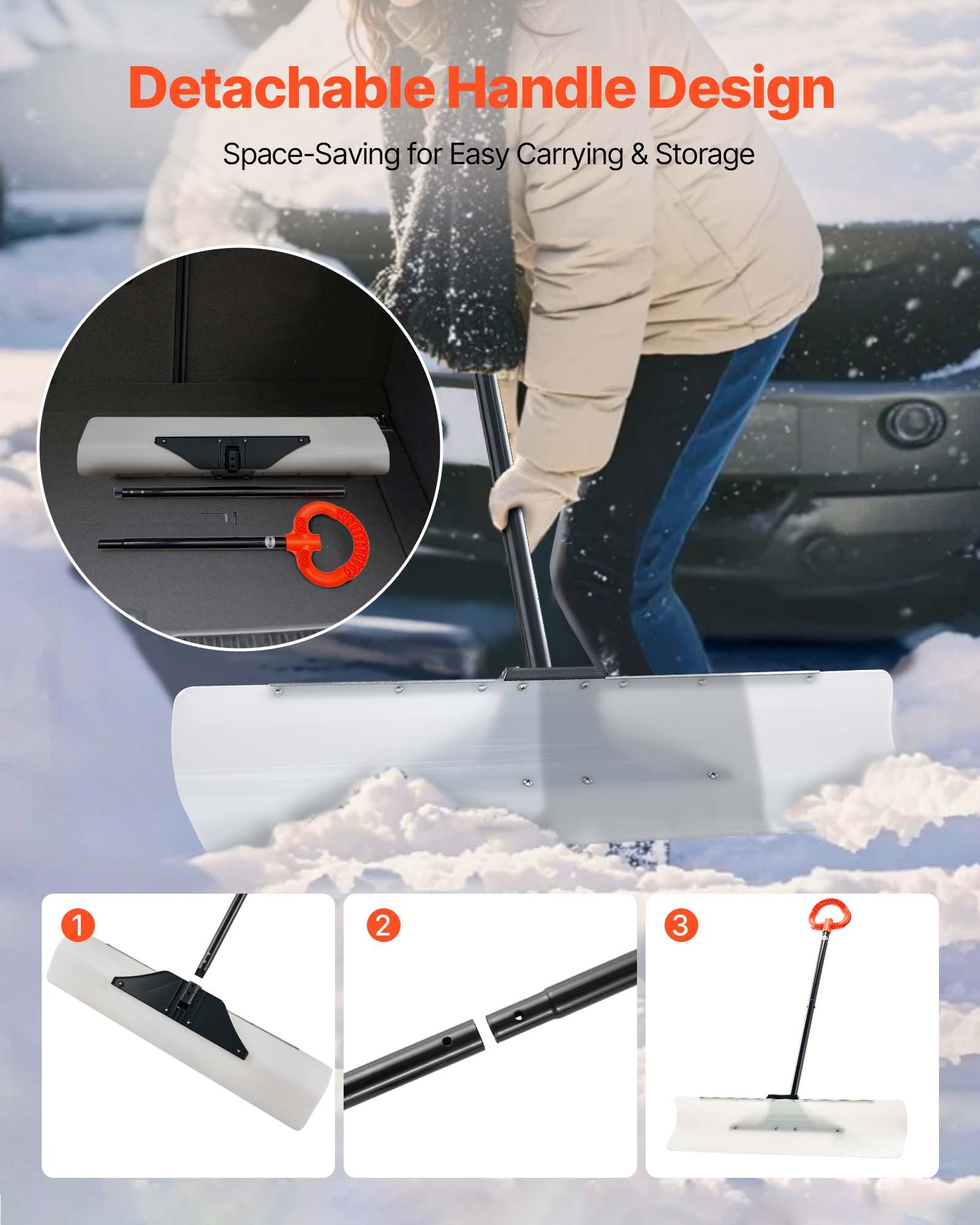 VEVOR Pług do śniegu o szerokości 91 cm, do podjazdu, chodników i drzwi z segmentowym uchwytem, ergonomicznym uchwytem i ostrzem z tworzywa sztucznego HDPE