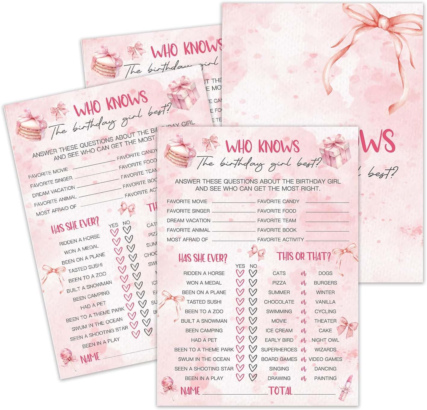 Who Knows The Birthday Girl Best, 25 Pink Bow Cards for Birthday