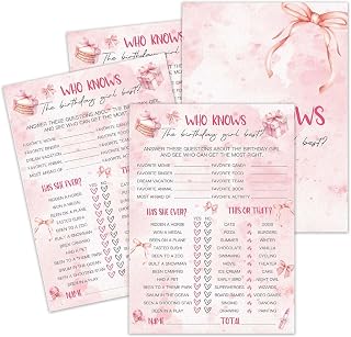 Birthday Games, Who Knows The Birthday Girl Best, 25 Pink Bow Fill-in Game Cards for Girls Sleepover Party Supplies Favors Decorations - A08