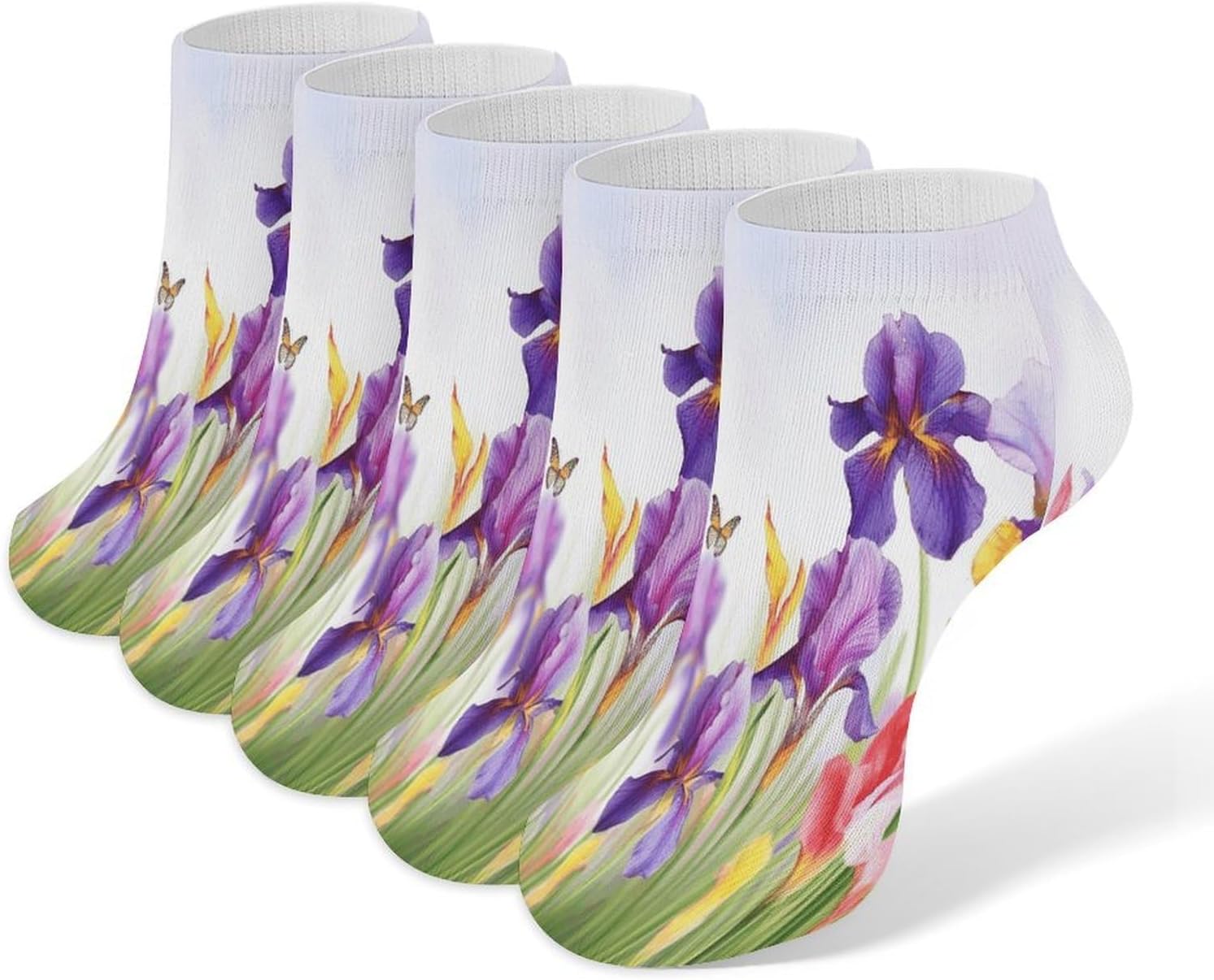 Socks for Men Women 5 Pairs Short Ankle Socks | Iris Flower Butterfly Low Cut Casual Crew Sock Cute Breathable Athletic Socks Non Slip No Show Sock