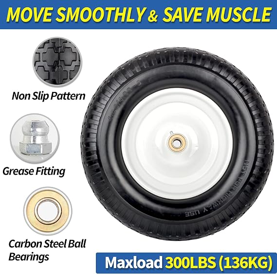 GICOOL 16 4.80/4.00-8 Flat Free Solid Wheelbarrow Tire and wheel 2 Pack