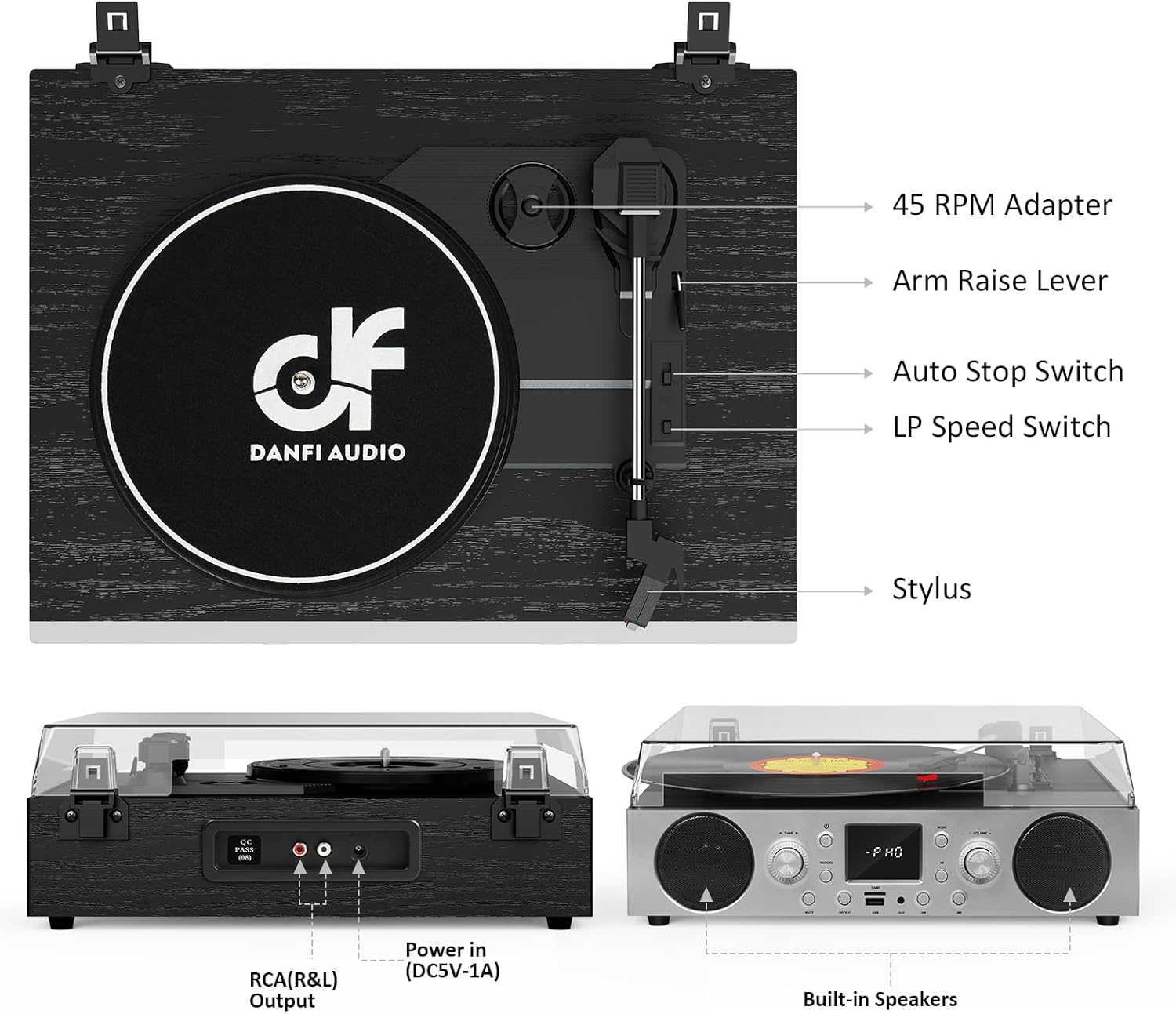 Vinyl Record Player Bluetooth Turntable with USB Digital FM Radio Vintage Turntable for Vinyl Records with Speakers 3 Speed RCA Line Out Black Wood