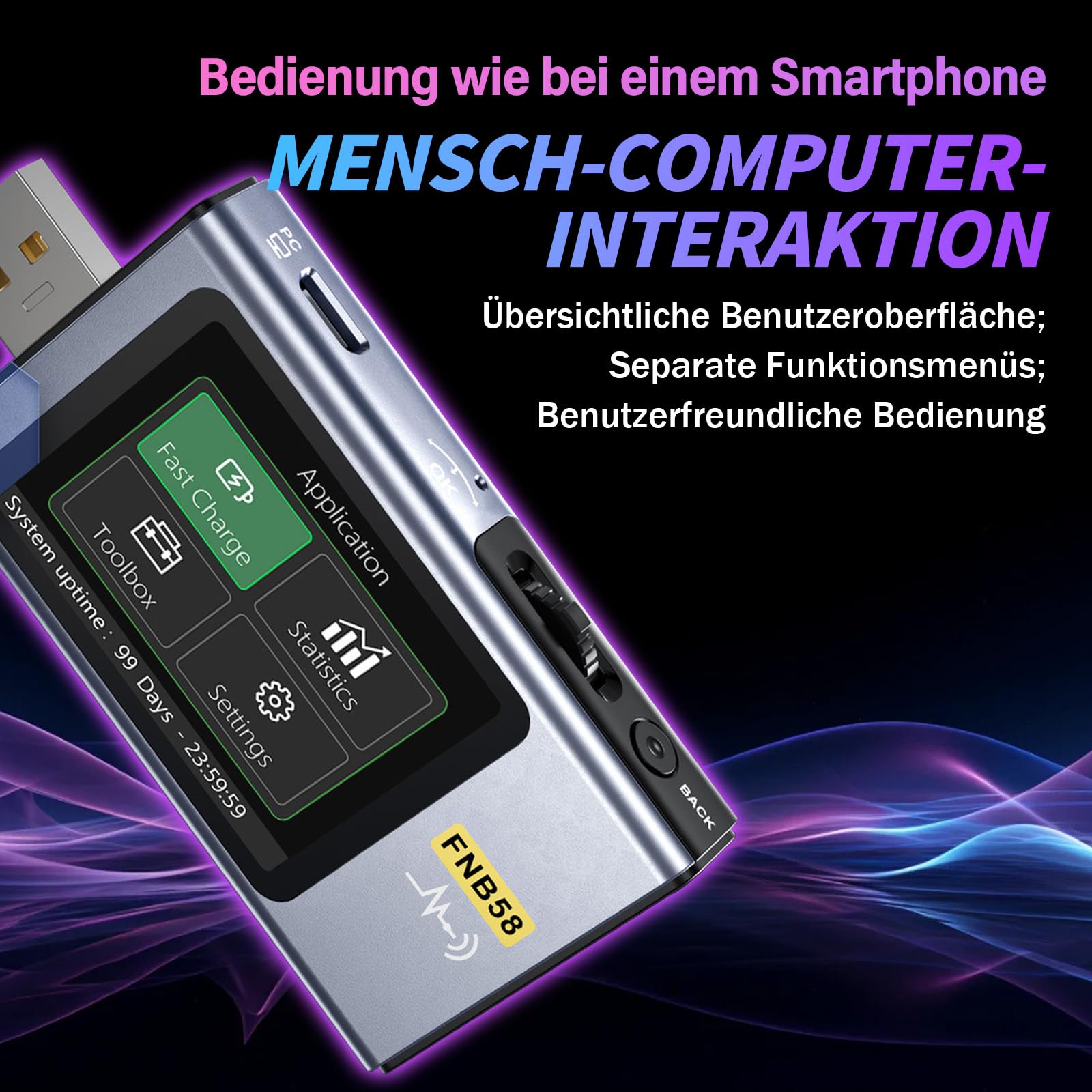 FNB58 USB Kabeltester mit 2,0 Zoll Display, 4–28V, 7A, USB-A & USB-C Multimeter mit Schnellladungserkennung, Auslöser, Kapazitätsmessung, Welligkeitsmessung, PD2.0/PD3.0, QC2.0/QC3.0 (Mit Bluetooth)