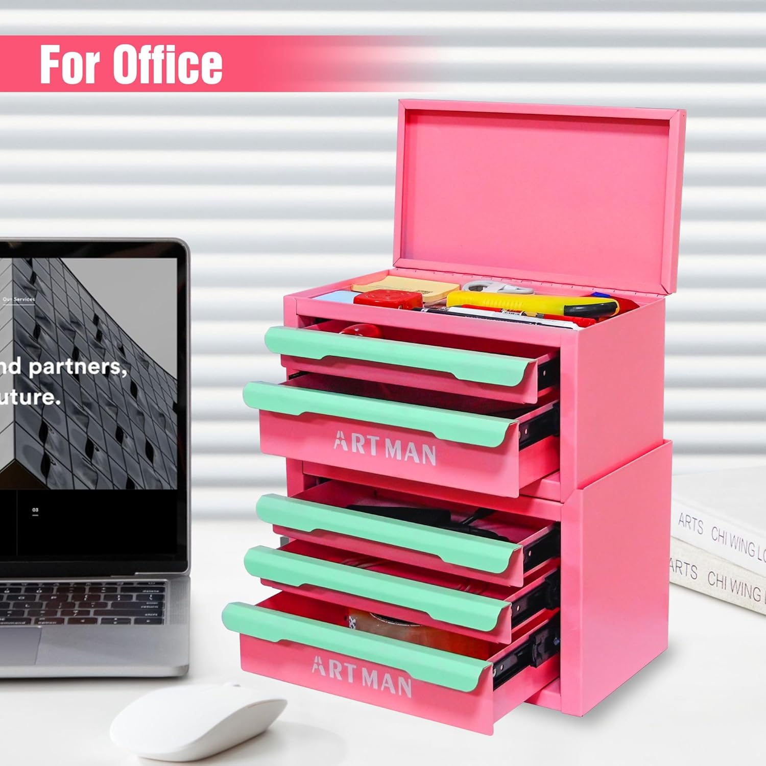 Mini Tool Box with Drawers, Small Tool Chest Style Metal Desktop Storage Box, Portable Desktop Drawer Organizer with Stackable Top & Base Design for Desk, Office & Small Tool Parts — Pink Green