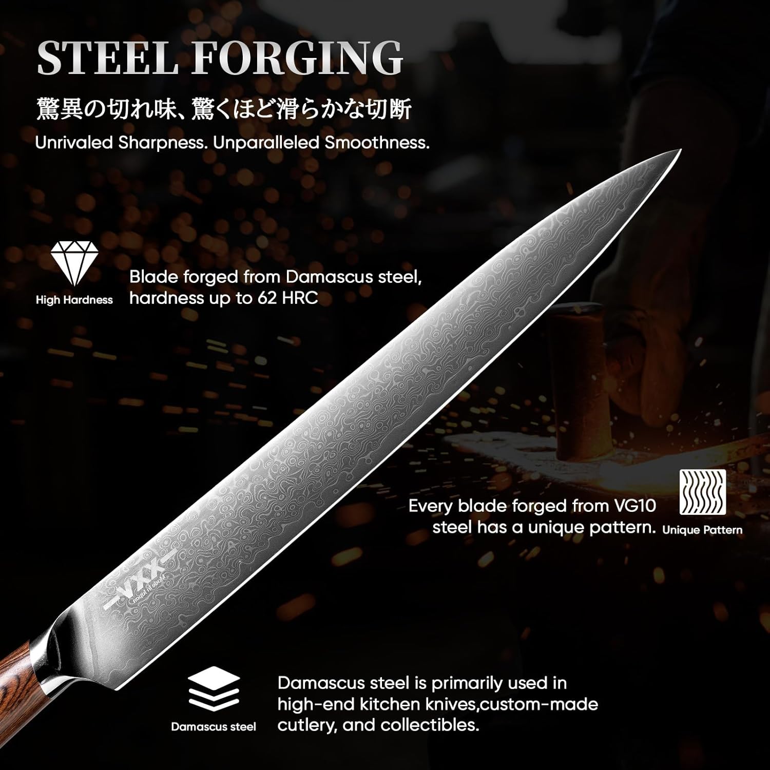 XXV 10 Inch Sashimi Knife, Steel VG10 Damascus Steel Hardness of 62 HRC Sushi Knives,Chef's Knife Knives with Sandalwood Handle for Fish Filleting yanagiknife