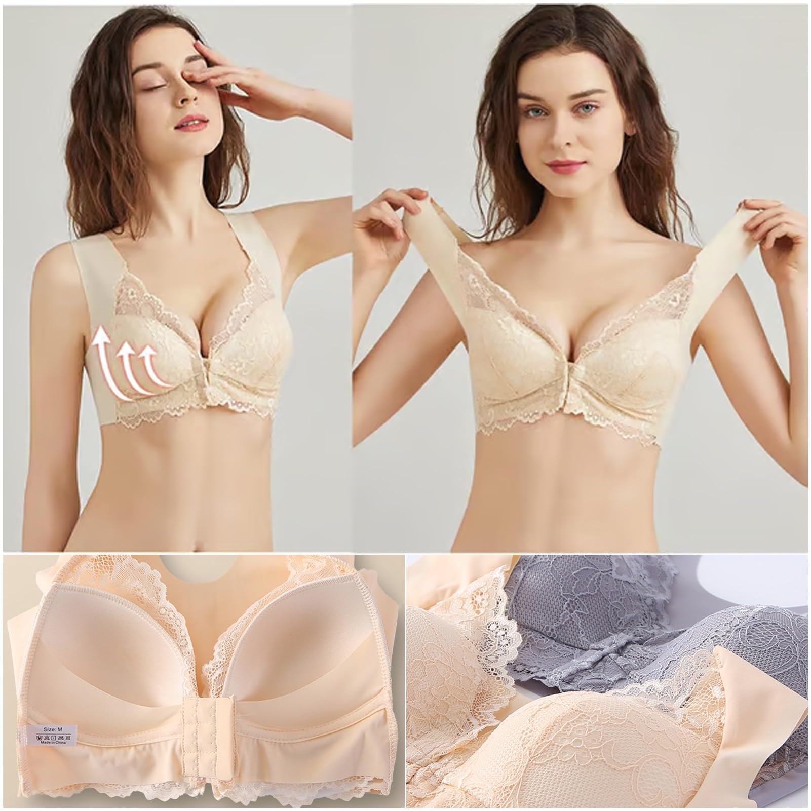 Reggiseno Push-up Senza Ferretto con Chiusura Frontale for Donne Anziane, Anti-cedimento in Pizzo Fodera