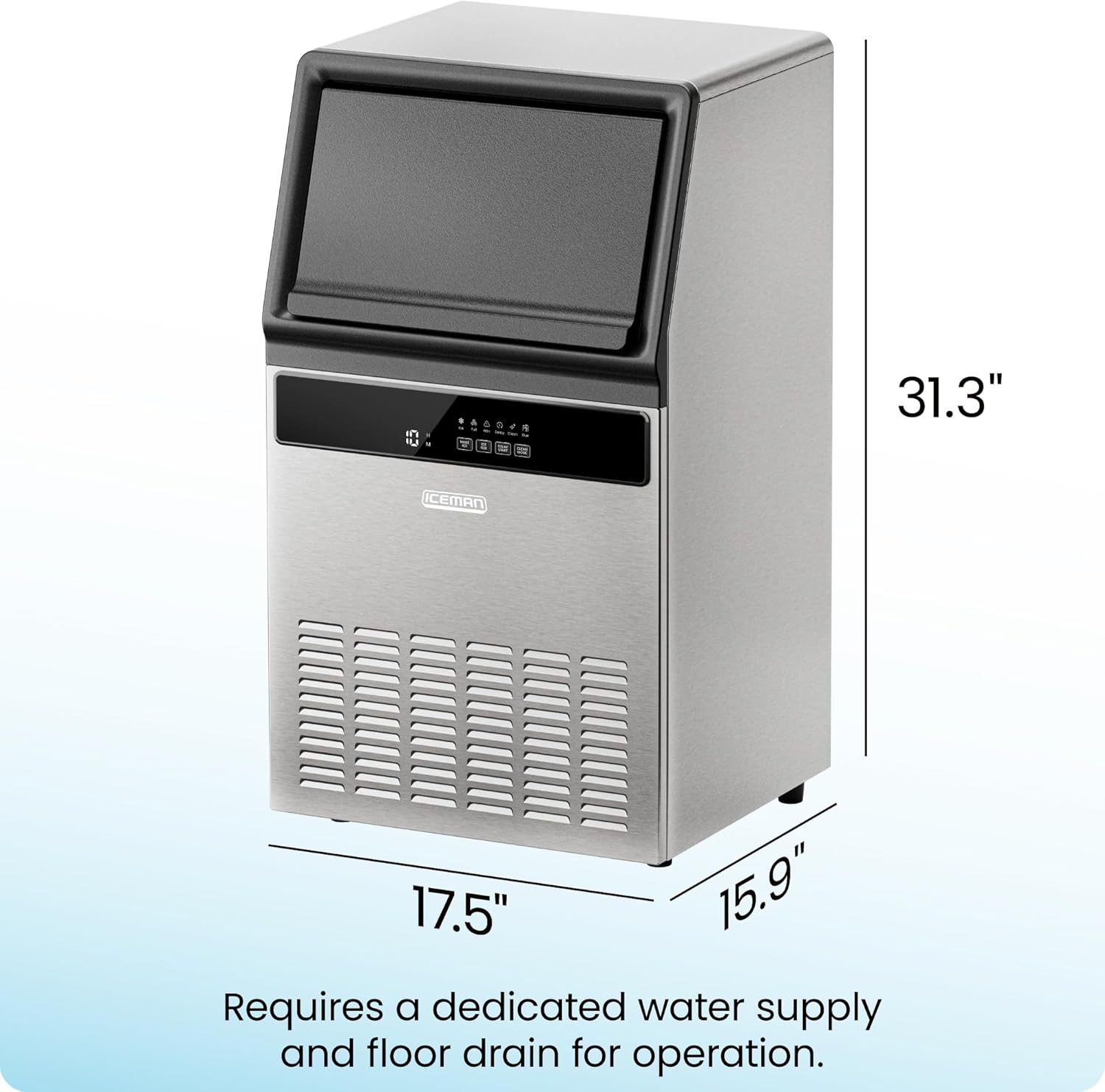 Iceman Ice Maker Machine with dimensions and text indicating water and drain requirements