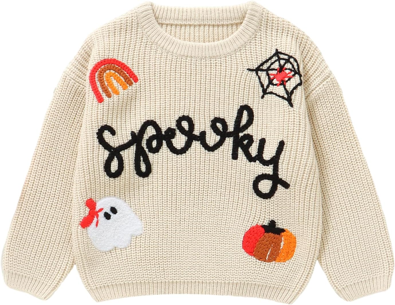 Halloween Toddler Girl Sweater Spooky Hand Embroidered Sweater Fall Ghost Pumpkin Outfit 1-5Y Beige 12- 18 Months