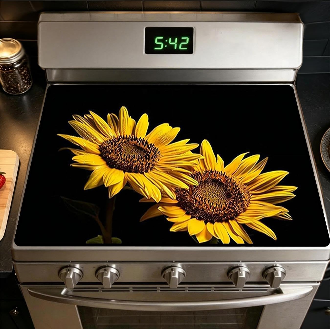 Stove Top Covers for Electric Stove: Sunflower Design 28"x20" Inch Stove Mat Protector Triple - Resistant Base,Multipurpose Dish Drying Mat for Kitchen