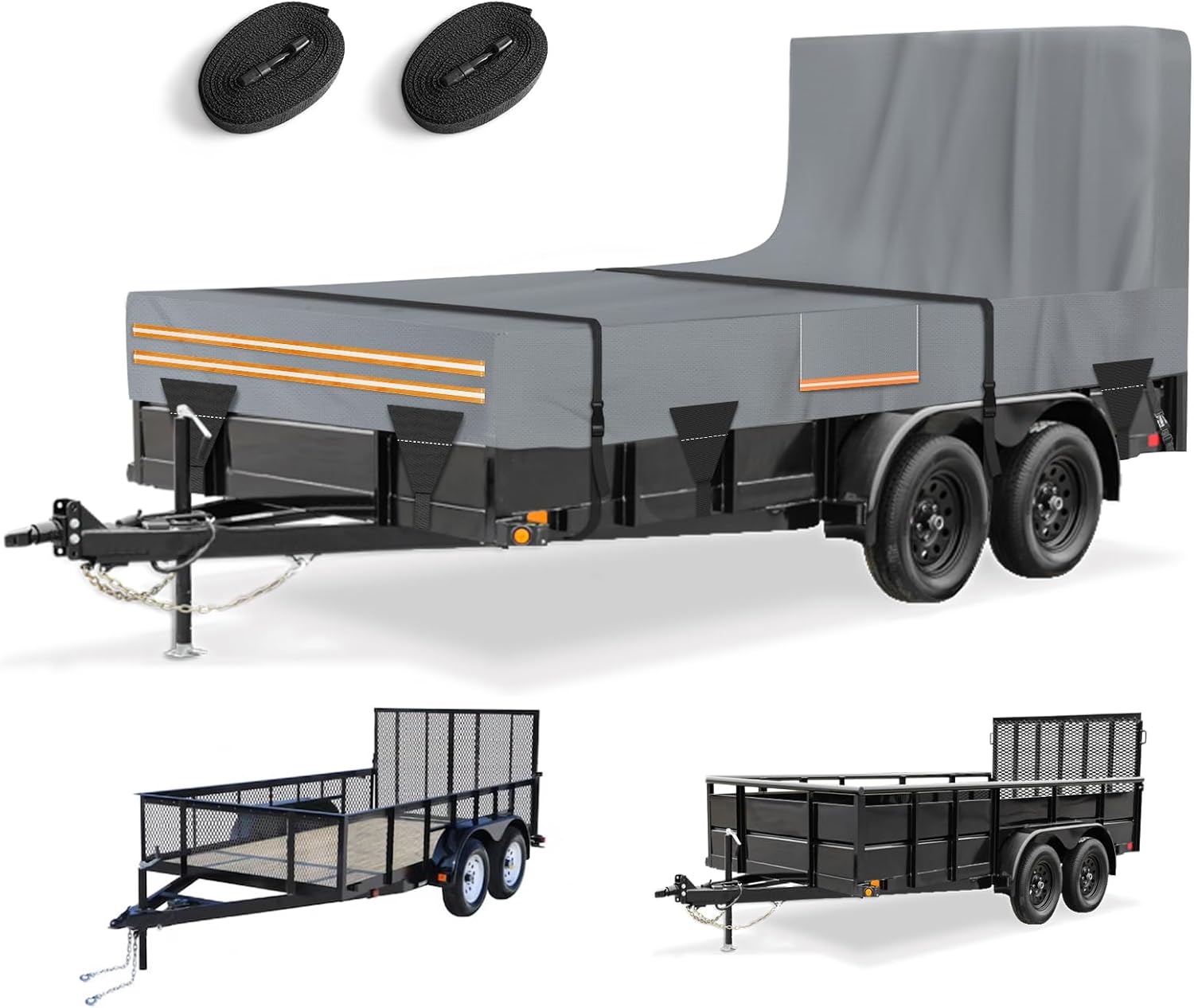 7 x 12 All-Weather Protection Utility Trailer Cover, Heavy Duty 600D Waterproof Cover with Rear Landscape/Tailgate Ramp with Windproof Ropes Fits 7 x 12 FT Trailers, Light Gray