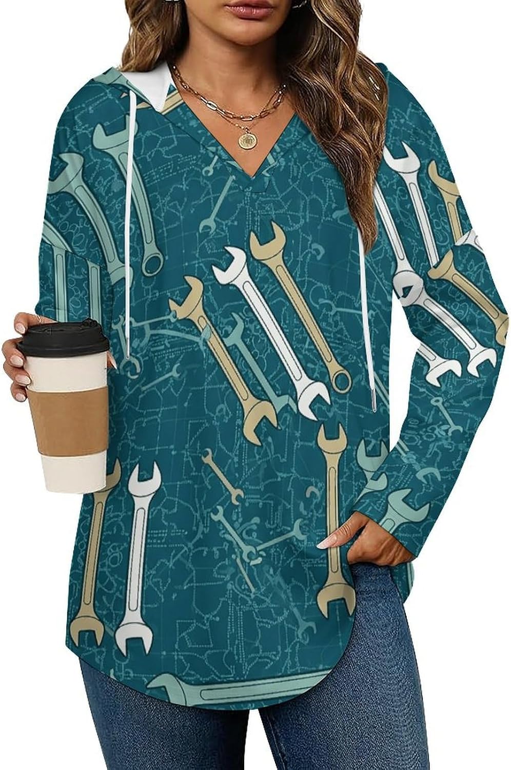 V Neck Hoodies for Women Long Sleeve Lightweight Sweatshirt, Loose Fit Drawstring Pullover Top for Casual Wear