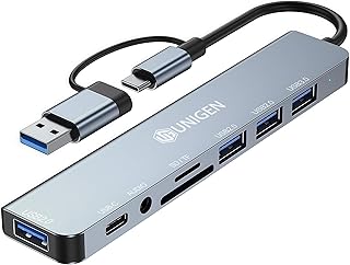 UNIGEN 8-in-1 USB Hub with Dual Input (USB Type C & A) | 4× USB 3.0, SD/TF Card Reader, 3.5mm Audio | 5Gbps High-Speed Dat... Price In India