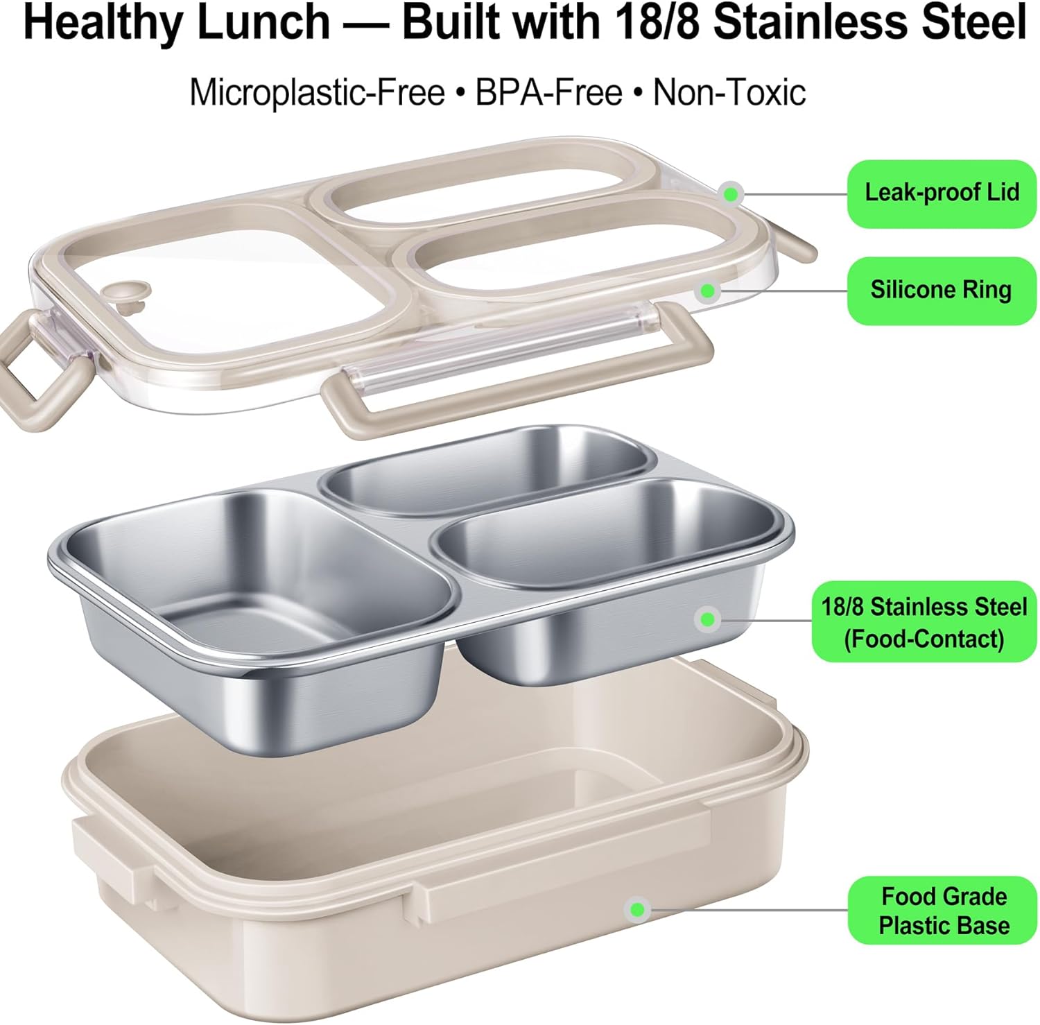 KTKUDY Stainless Steel Bento Box for Kids & Adults - 25 oz - Leakproof 3 Compartment Metal Lunch Container - 18/8 Stainless Steel Lunch Box Kids - Ideal for School, Office & Outdoor (Cream)