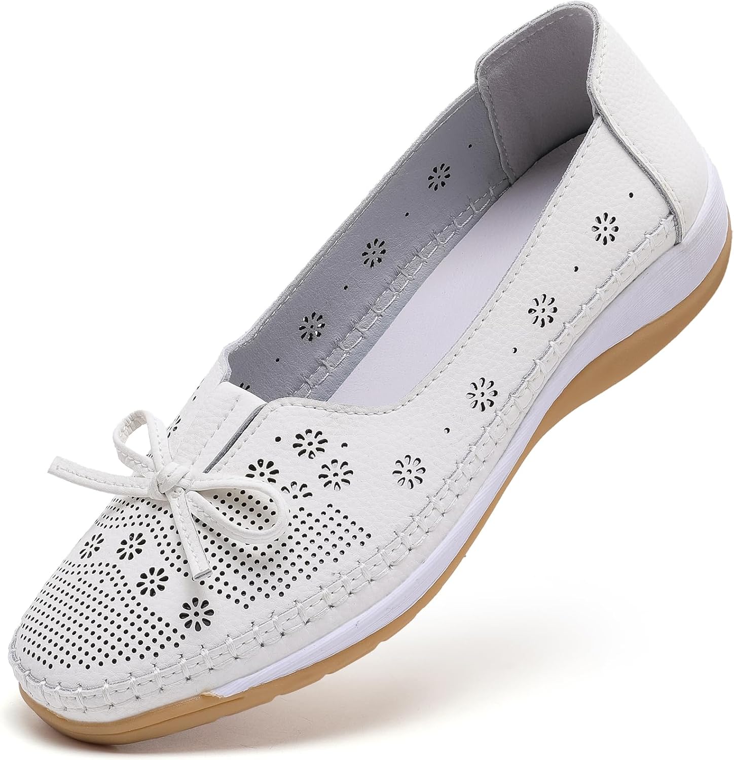 Women's Microfiber Leather Loafers - Thick Sole Perforated Flats with Bow, Comfortable Lightweight Walking Shoes for Casual Business Work