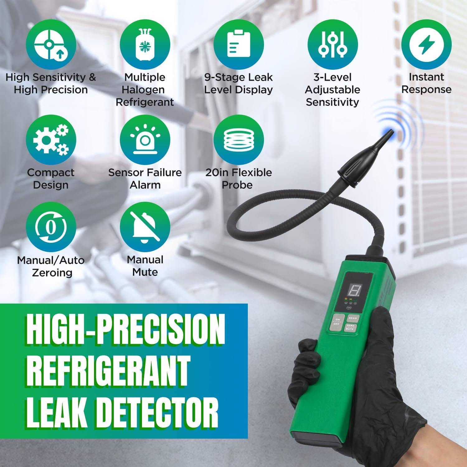 HVAC Refrigerant Leak Detector, Heated Diode Sensor & 0.05 oz/yr - Max Sensitivity Halogen Freon Leak Detector Sniffer Air Conditioning Detection 20-Inch Probe for R134A R410A CFCs HCFCs HFCs HFOs
