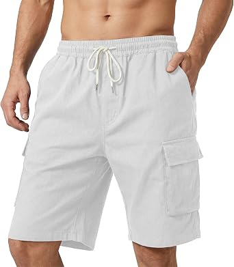 Mens Linen Cargo Shorts Lightweight Elastic Waist Drawstring Summer Casual Beach Shorts with 4 Pockets 2026