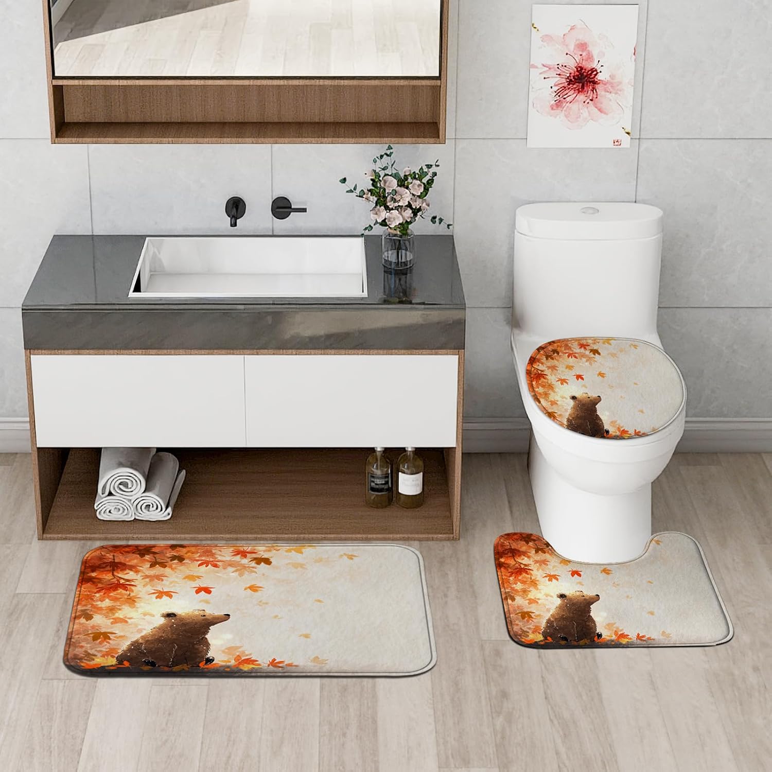 4PCS Fall Cute Cartoon Bear Bathroom Accessory Sets with Non-Slip Rug, U Shape and Toilet Lid Cover Mat, Autumn Maple Leaves Animal Bathroom Decorative-72''x72''