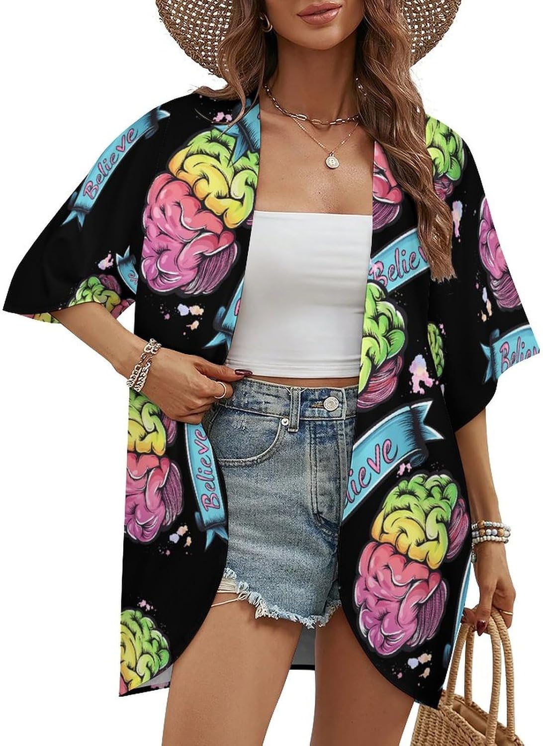 Believe - Brain Cancer Women's Open Front Cardigan Short Sleeves Jacket Lightweight Sweaters Tops