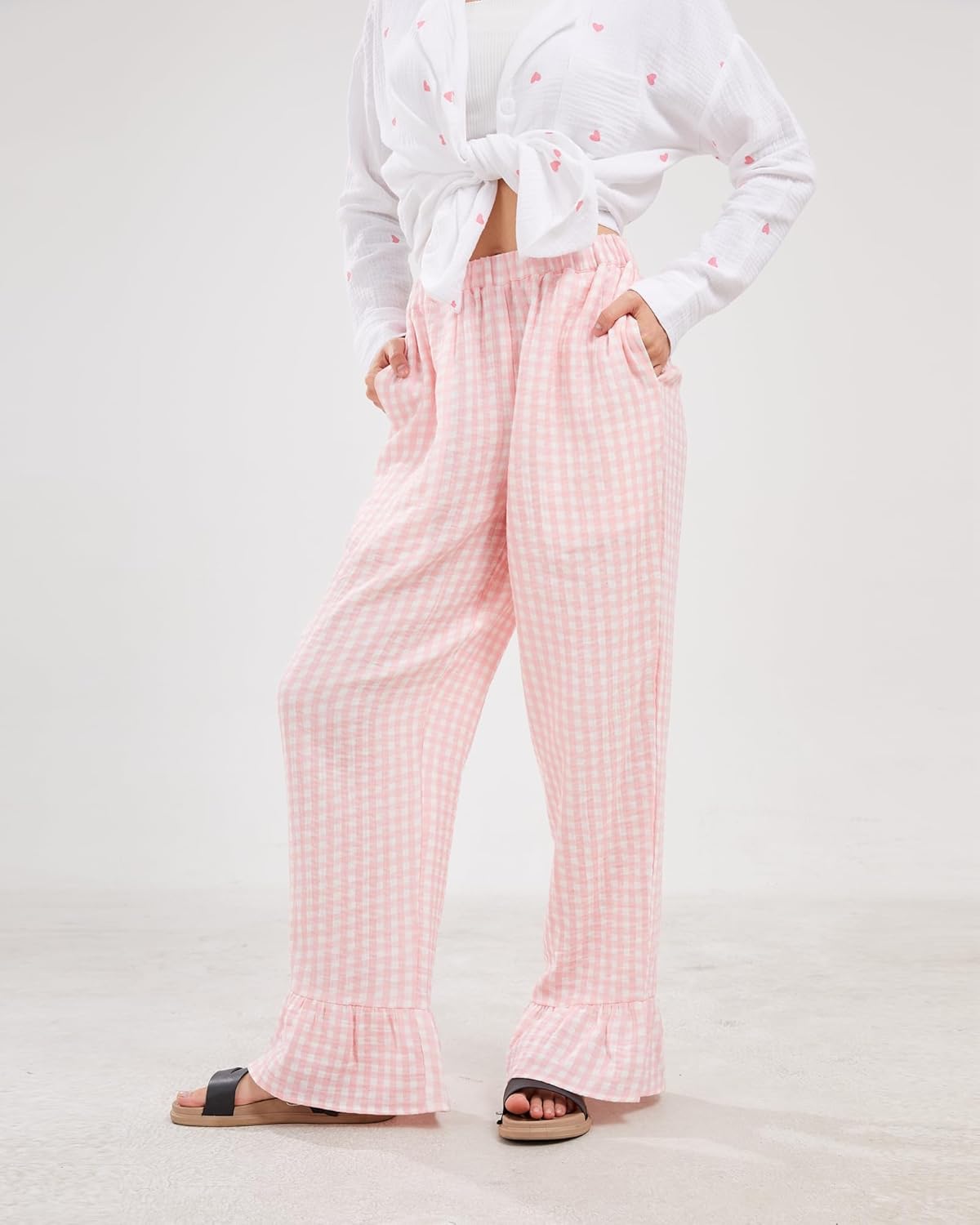 Womens Gingham Pants Wide Leg Lounge Pants Y2k Plaid Print Ruffle Hem Loose Trouser - Image 6