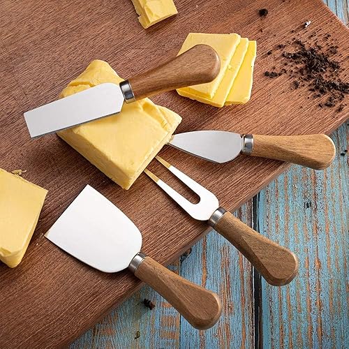 Miniatura 5 de Juego de 6 cuchillos de queso con mango de madera, mini cuchillos de queso de acero inoxidable para embutidos y quesos untados, mini pinzas para