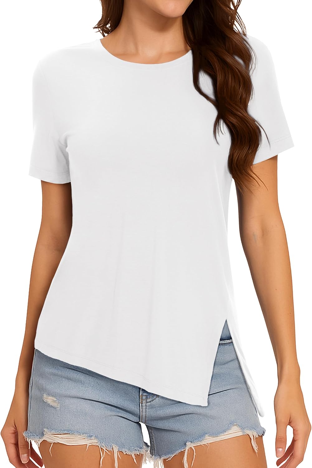 MAGCOMSEN Women’s Workout Shirts Short Sleeve Crewneck Quick Dry Yoga T-Shirt Gym Athletic Top Breathable Tee Side Slit