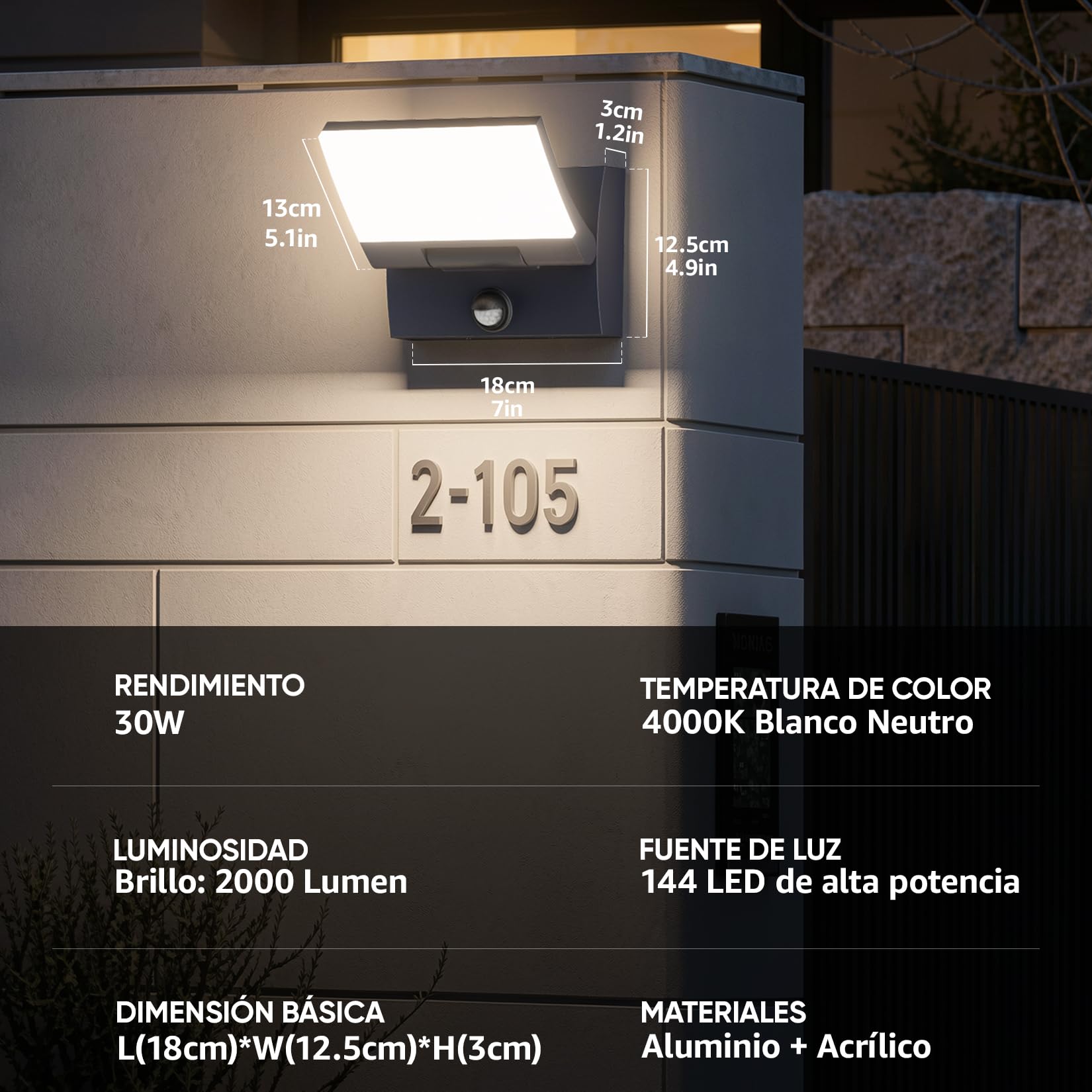 K-Bright 30W Apliques LED Exterior con Sensor de Movimiento,4000K,Antracita | Panel orientado 150°con protección IP65, Aluminio + PC, 144LED 2000lm para exteriores e interiores (entrada, terraza, jardín)