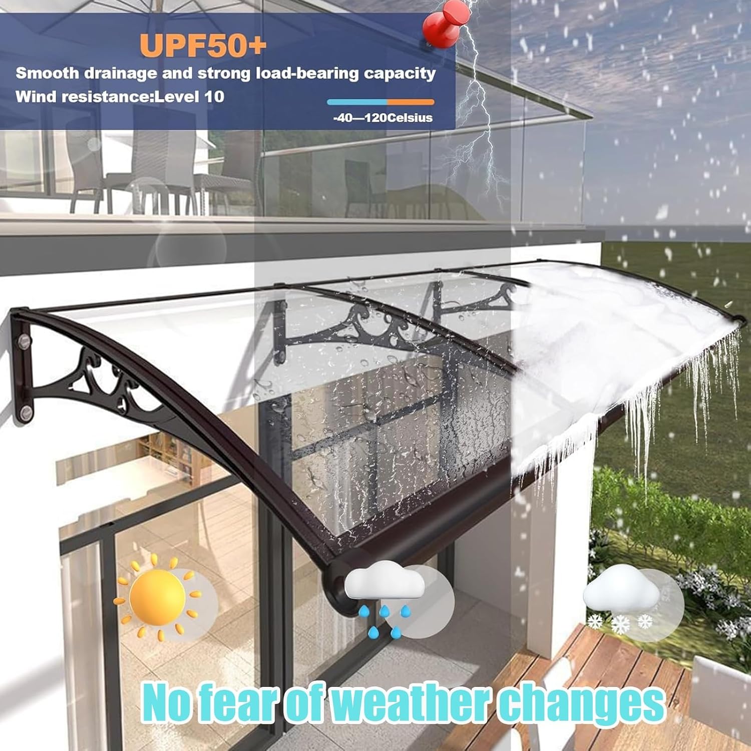 Window Awning for Doors Entrance, Canopy Polycarbonat with Drainage Ditch, Awnings for Outdoor Door Overhang Porch/Patio/Deck, Hollow Sheet UV/Rain(Gray,60x160cm/24 x63)