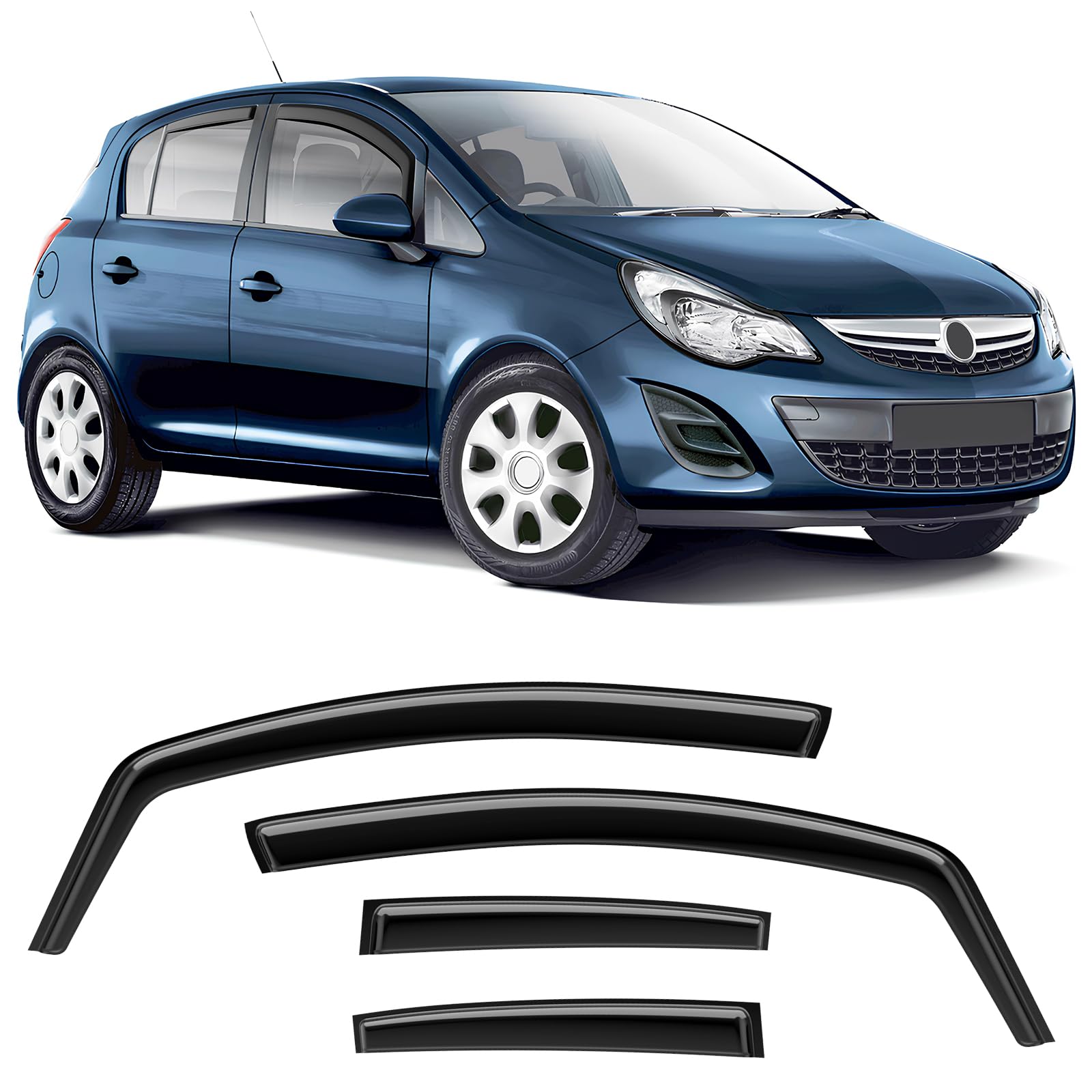 Deflectores de viento negros, protectores de lluvia para ventanas compatibles con Vauxhall Corsa D E 2006-2019 5 puertas Hatchback, visera solar a prueba de roturas en el canal lateral