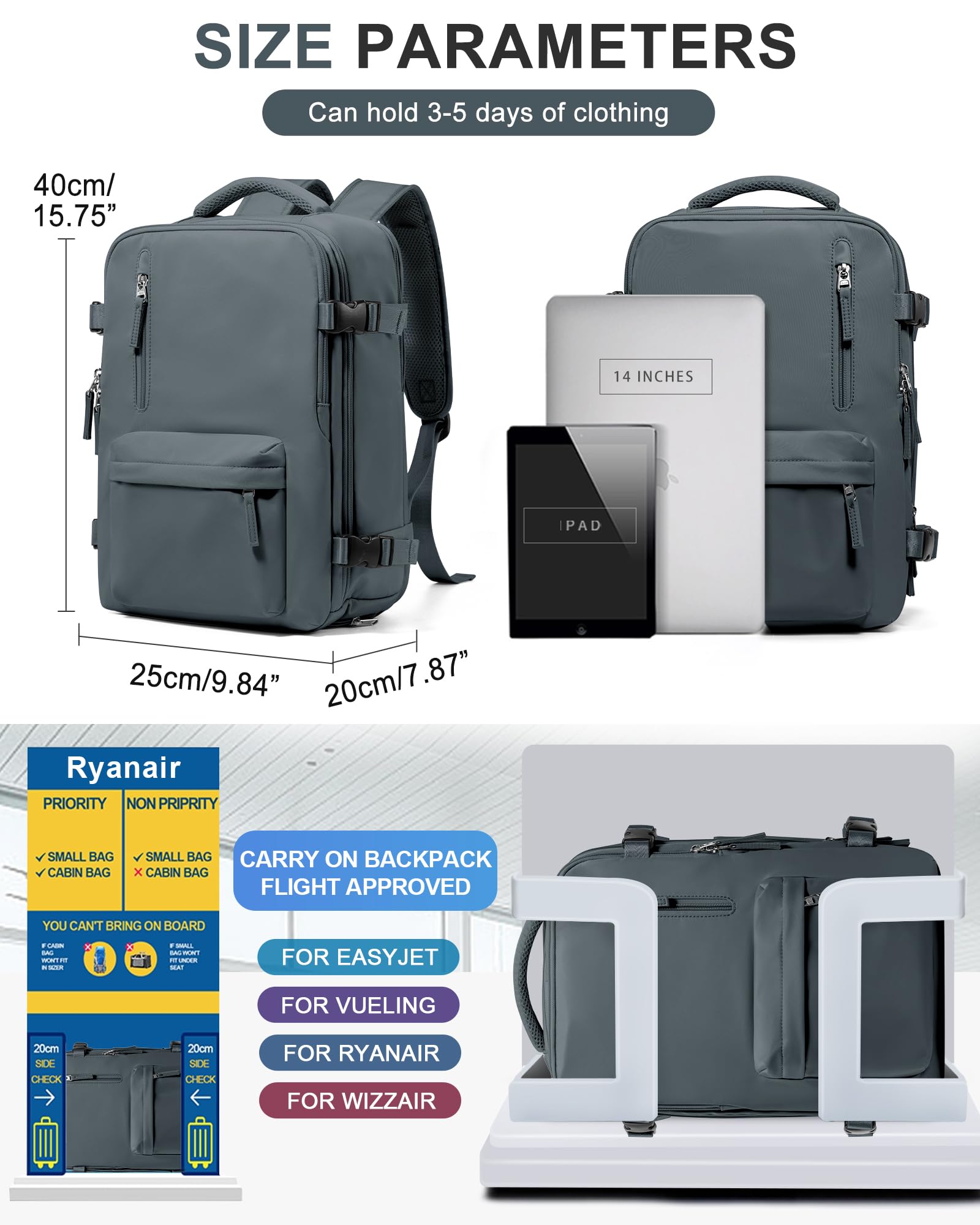 Borse da Cabina per Ryanair 40x20x25 Bagaglio a Mano Zaino Borsa Zaino da Viaggio, Zaino da trekking,da uomo, zaino casual per laptop da 14 pollici per scuola con porta di USB