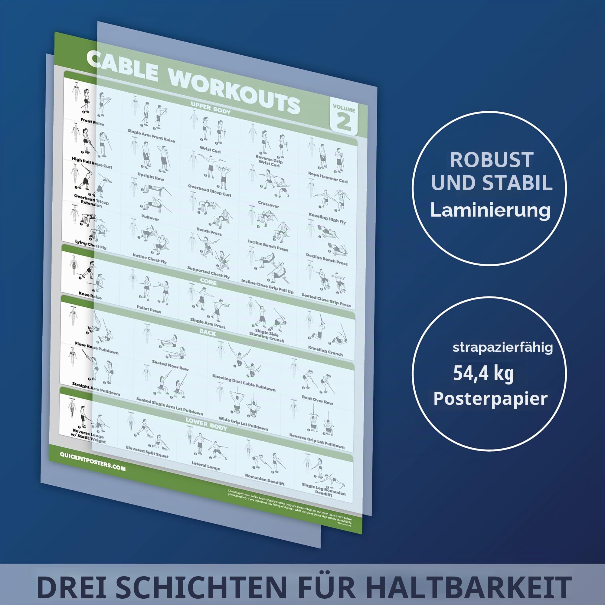 Palace Learning Kabelmaschinen-Workout-Poster, Band 1 & 2 + Hantelübungen + Dehnübungen (laminiert, 45,7 x 61 cm), 4 Stück