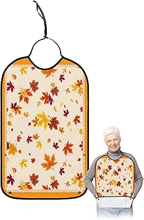 BOBOWUNY Thanksgiving Adult Bibs for Elder Women Men Eating, Farmhouse Fallen Leaves Orange Lace Waterproof & Washable Bibs for Eating Clothing Protector Dining Bibs for Crumb Catcher