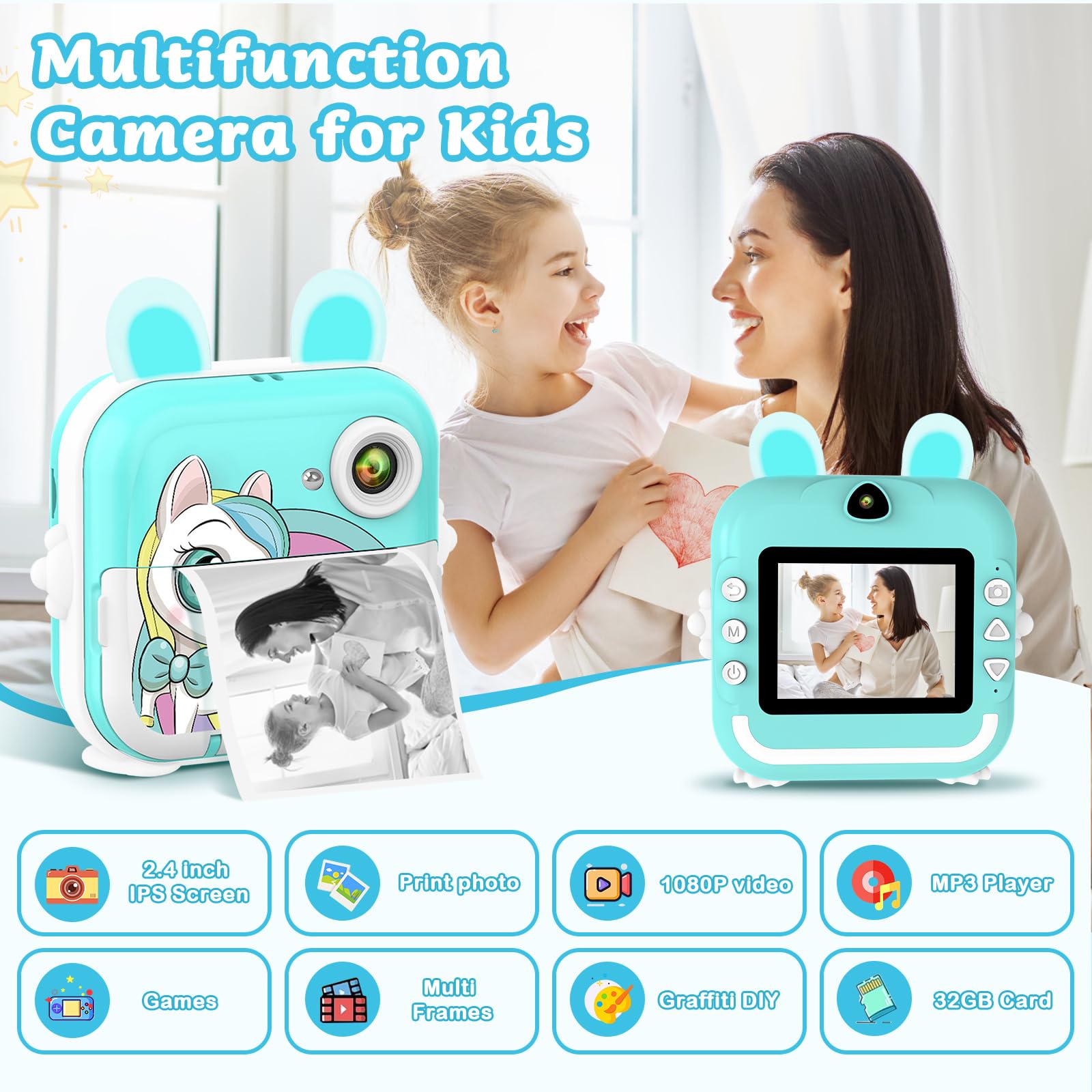 Macchina Fotografica Bambini Istantanea, 2,4 Pollici 1080P Digitale Fotocamera Bambini con Carta Fotografica Stampa e 32GB Schedaper Giocattolo Regalo di Natale Bambino e Bambina 4-12 Anni