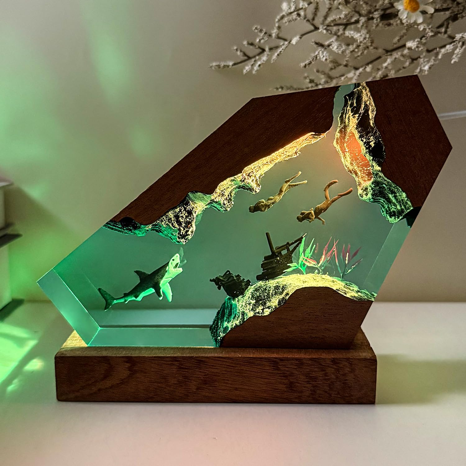 Epoxy Shark Ocean Resin Lamp, Handmade Resin Night Light with USB Port