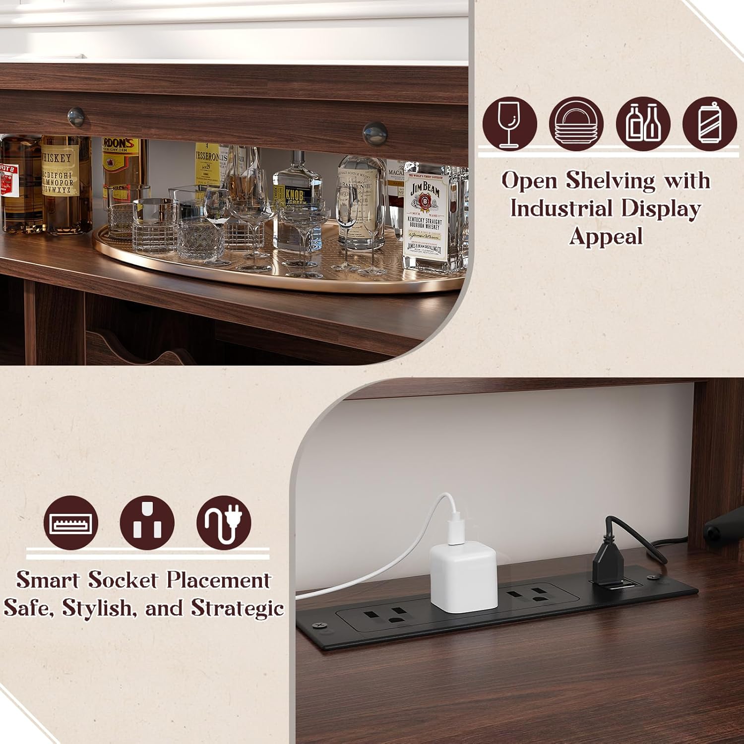 Armocity Farmhouse Coffee Bar Cabinet, Liquor Cabinet Bar for Home, Wine Bar Cabinet with LED Lights and Outlets,Wine Cabinet with Storage and Movable Rack, 47.2", Black Walnut