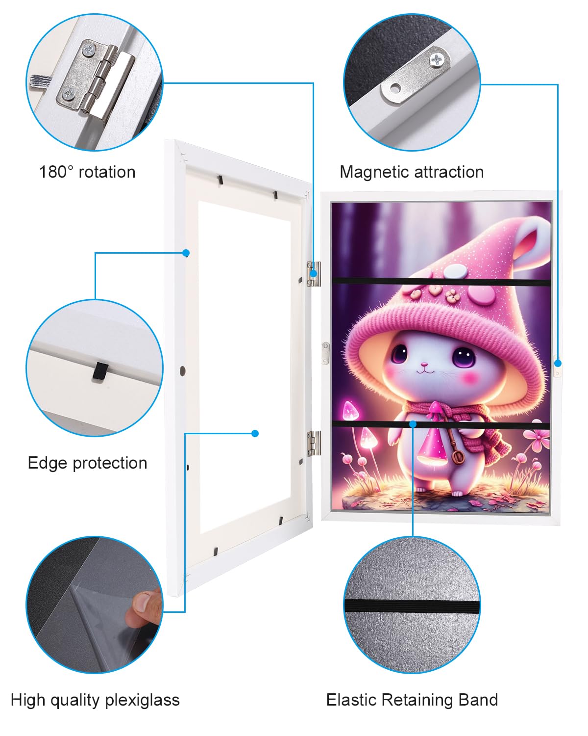 LEAZZLE Cornici artistiche per Bambini da 2 Pezzi,Cornici per Disegni per Bambini A4 Cornice d'Arte per Bambini con Apertura Frontale,punti metallici antitraccia (bianco)