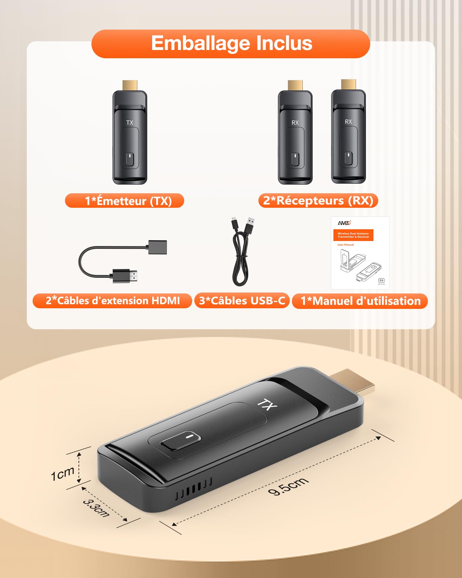 AIMIBO 2026 HDMI sans Fil Émetteur et 2 Récepteurs 5G, jusqu'à 6 écrans, 1080p@60Hz avec antenne Pliable pour PC Portable, PC, Box TV et CCTV vers Plusieurs TVs, moniteurs ou projecteurs-50m
