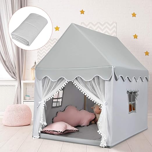 Costzon Kids Play Tent, Large Playhouse w/Washable Mat, Windows, Solid Wood Frame, Indoor Outdoor Princess Tent for Children Boys & Girls, Castle Fairy Tent, Holiday Birthday Gift (Gray)