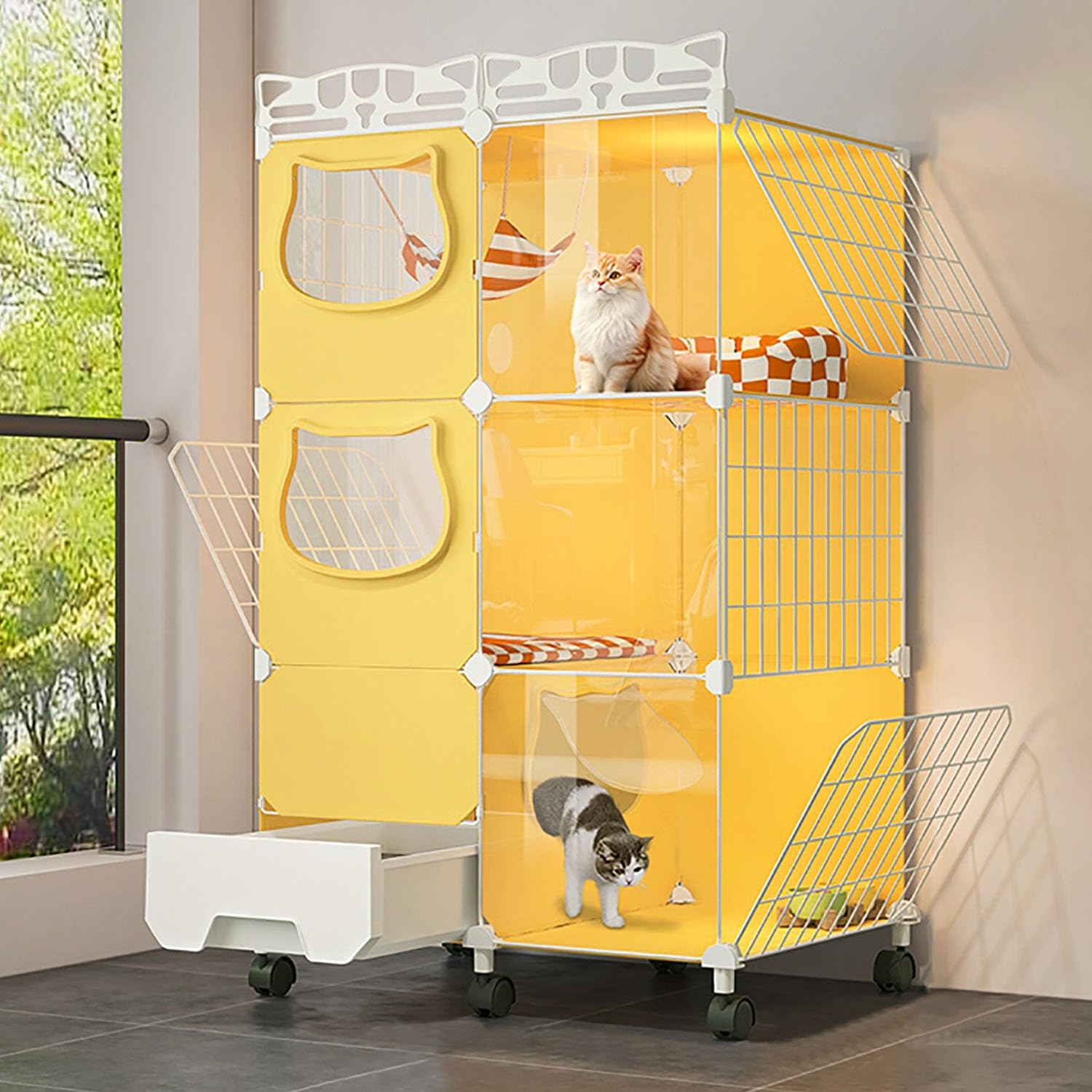 Jaula para gatos con tres niveles y puertas de fácil limpieza con ruedas