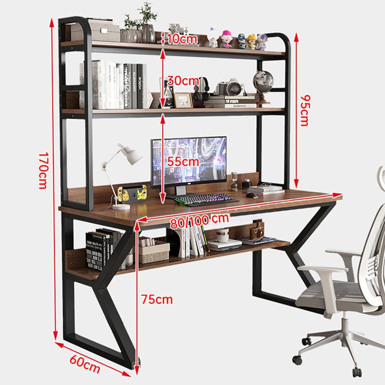 Elegante scrivania da gioco regolabile con libreria nera e bianca, 80 x 60 cm, scrivania ergonomica per casa, ufficio e studio, ideale per lavoro e gioco