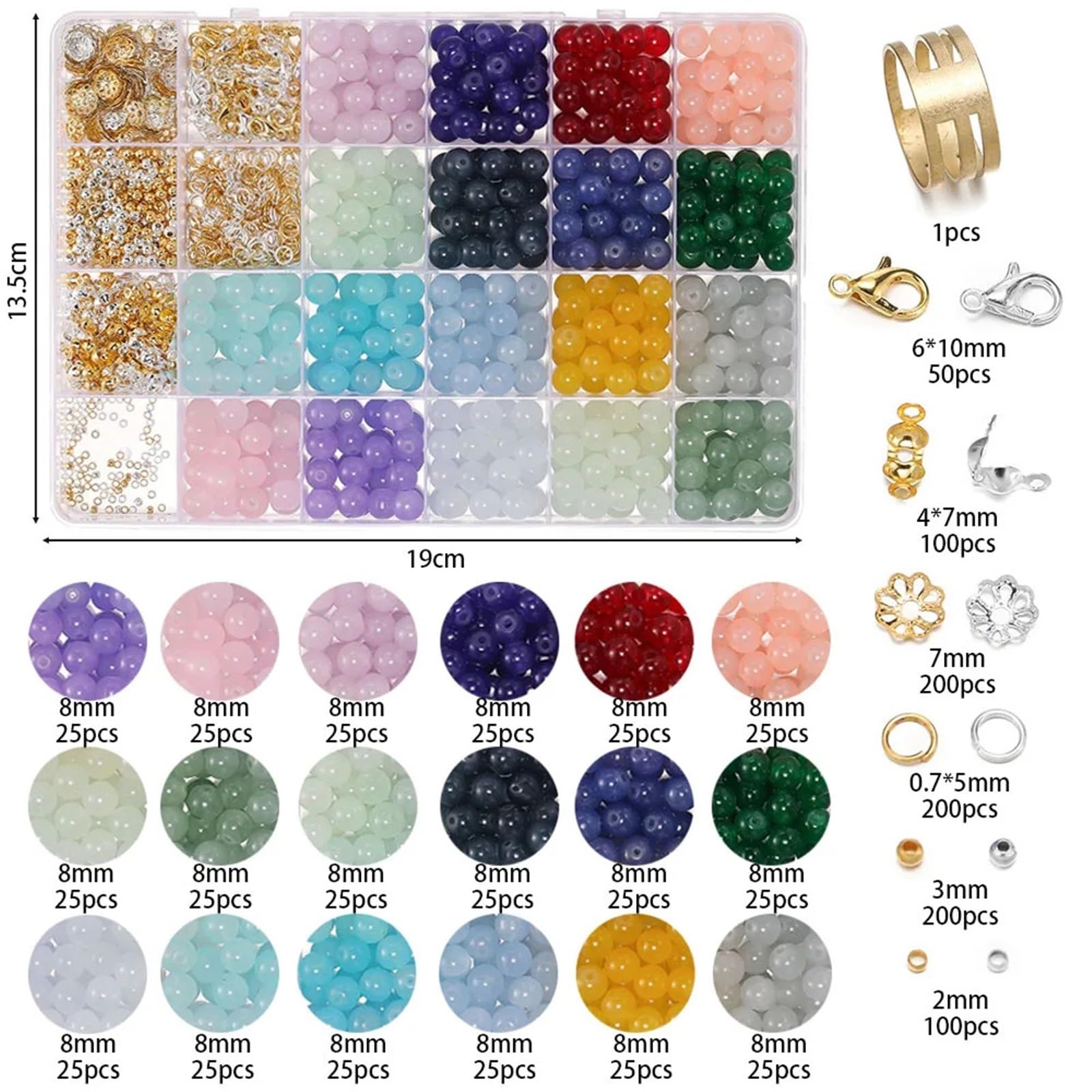 Schmuck Selber Machen Set 450–1300 Stück 8 mm Glasperlen aus Jadeimitat mit Karabinerverschluss, Perlenkappen, Metallschmuck-Sets for selbstgemachte Armbänder und Halsketten(Color 2)