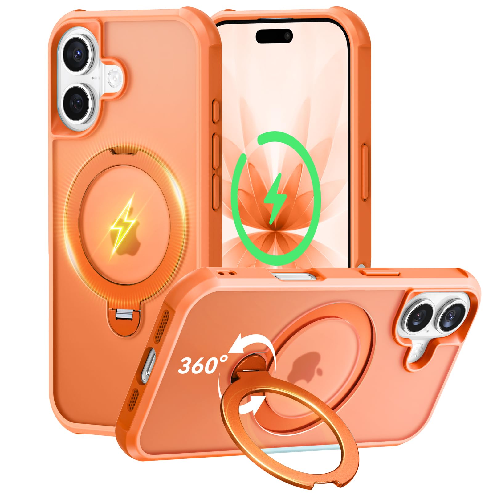 【2026最高傑作・11年の匠心開発】PEEROCK iPhone 17 用 ケース【多機能一体・360°新定点回転スタンド】米軍MIL規格 耐衝撃 MagSafe対応 高耐久性 最大25W急速充電対応 指紋防止/マット仕上げ/黄変防止/半透明 超強磁力 ラップホール付き ワイヤレス充電対応 アイフォン17 用ケース 6.3インチ（マットオレンジ）