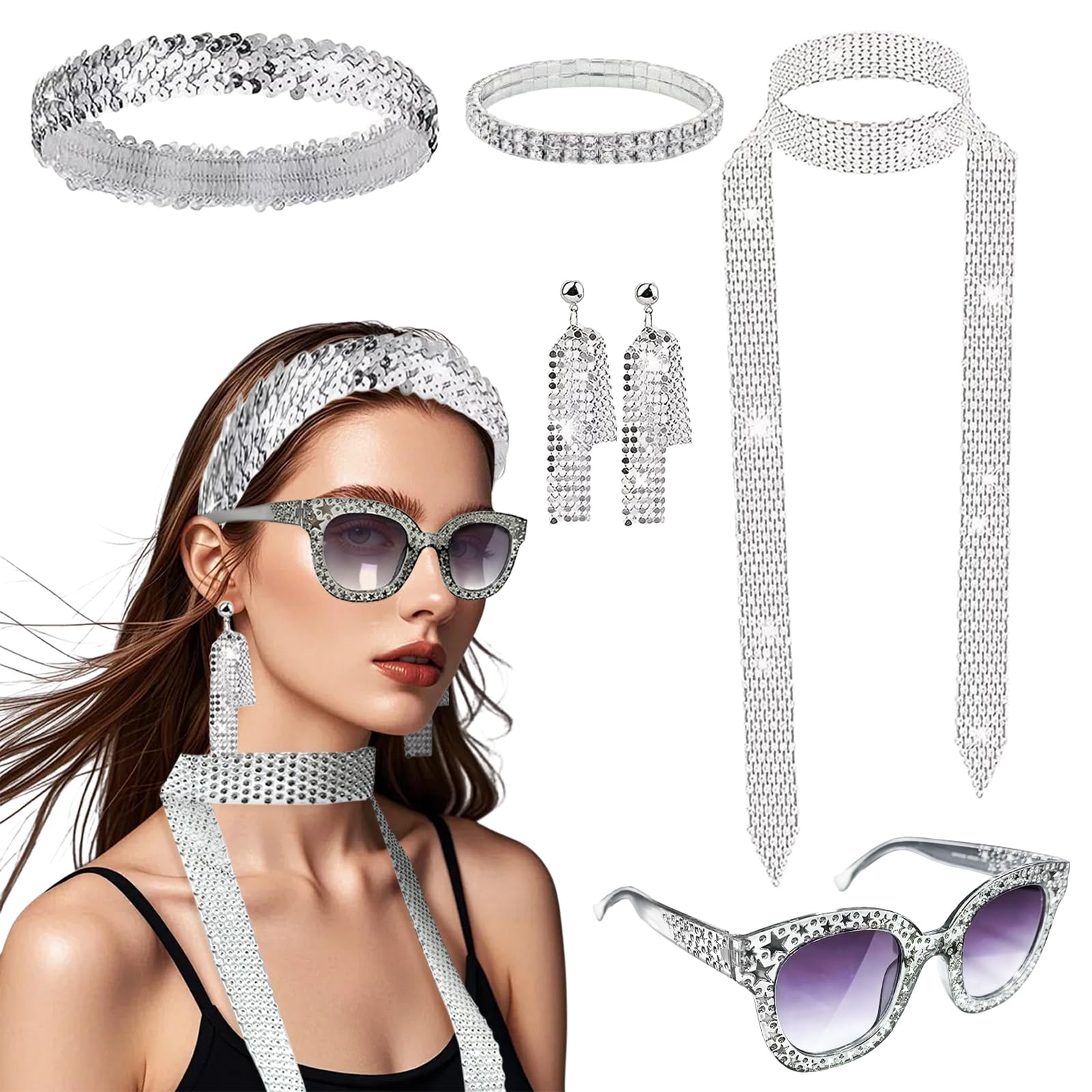4 Accesorios De Disfraz Discoteca Años 70 – Boina De Lentejuelas, Gafas De Sol, Collar Y Pendientes Para Fiesta