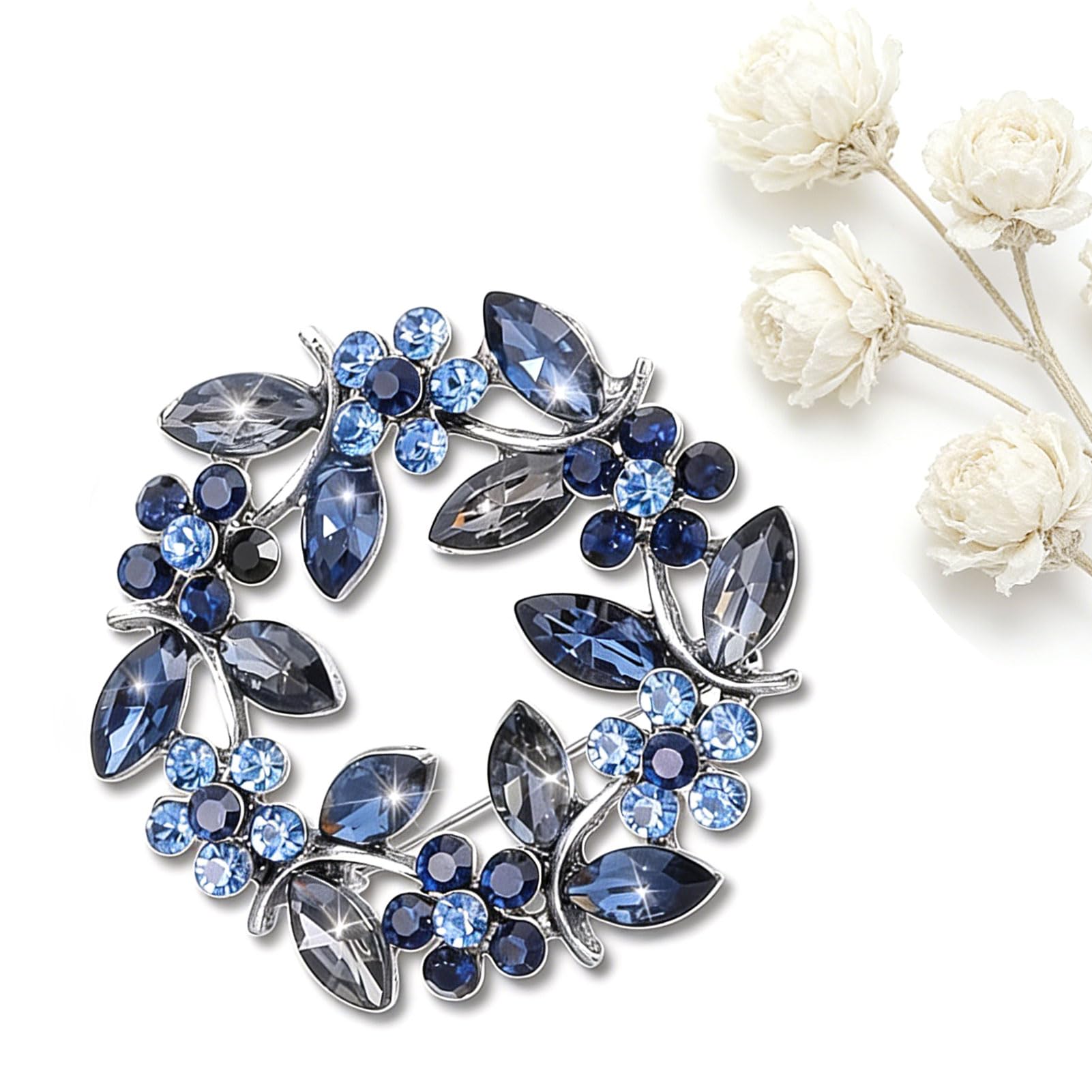 Flower Brooches for Women UK,Blue Wreath Brooch Pin,Crystals Brooches for Women,Vintage Brooch,Crystal Pearl Flower Brooches Pins,Rhinestone Brooch Pins for Ladies and Girls,Weddings,Dances, Coats