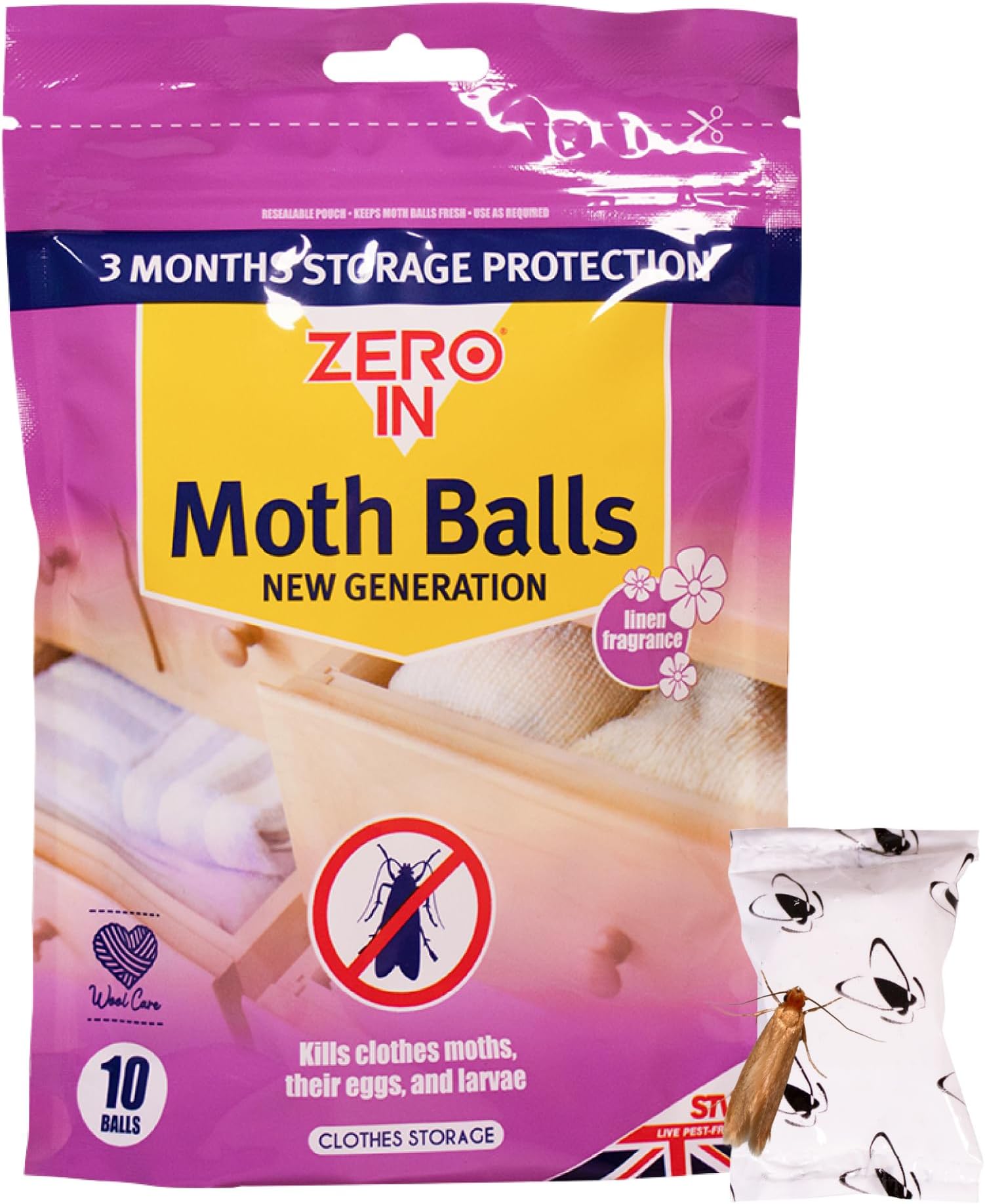 Zero In New Generation Moth Balls - 10-Pack. Place in Wardrobes, Cupboards and Drawers to Kill Clothes Moths, Eggs, and Larvae. Fragranced, White