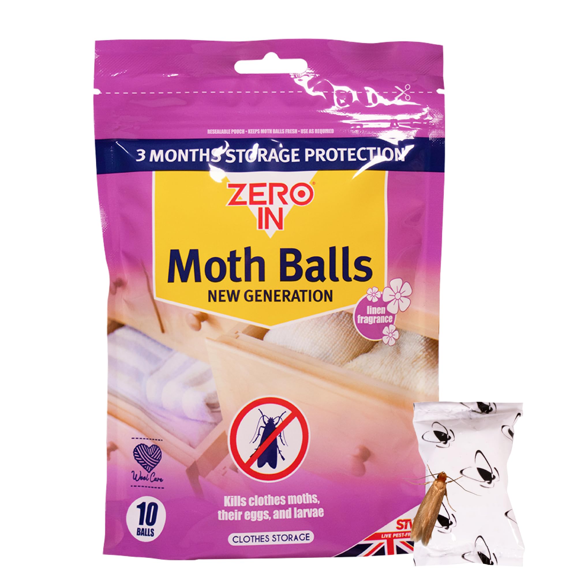 Zero In New Generation Moth Balls - 10-Pack. Place in Wardrobes, Cupboards and Drawers to Kill Clothes Moths, Eggs, and Larvae. Fragranced, White