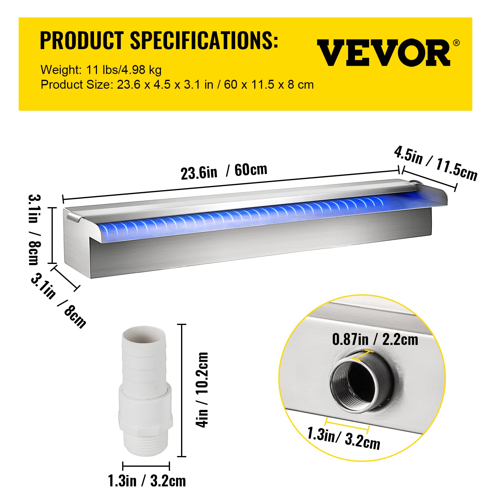 VEVOR Fontaine de la Piscine, Étang Argent 220 V en Acier Inoxydable Cascade Bassin Extérieur 60 x 11.5 x 8 cm avec 2 Conduits d'eau et Un Télécommande, pour Décoration à l'Étang et la Piscine