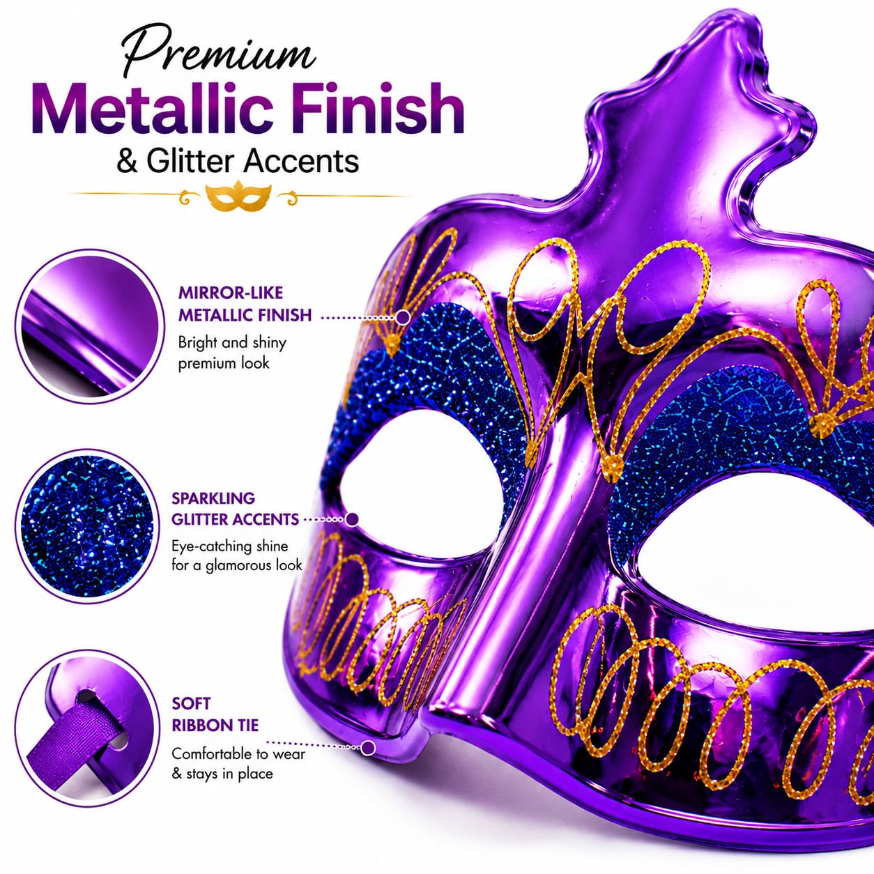 Fun Affairs Glitter Masquerade Eye Mask for Men & Women, Pack of 6 2