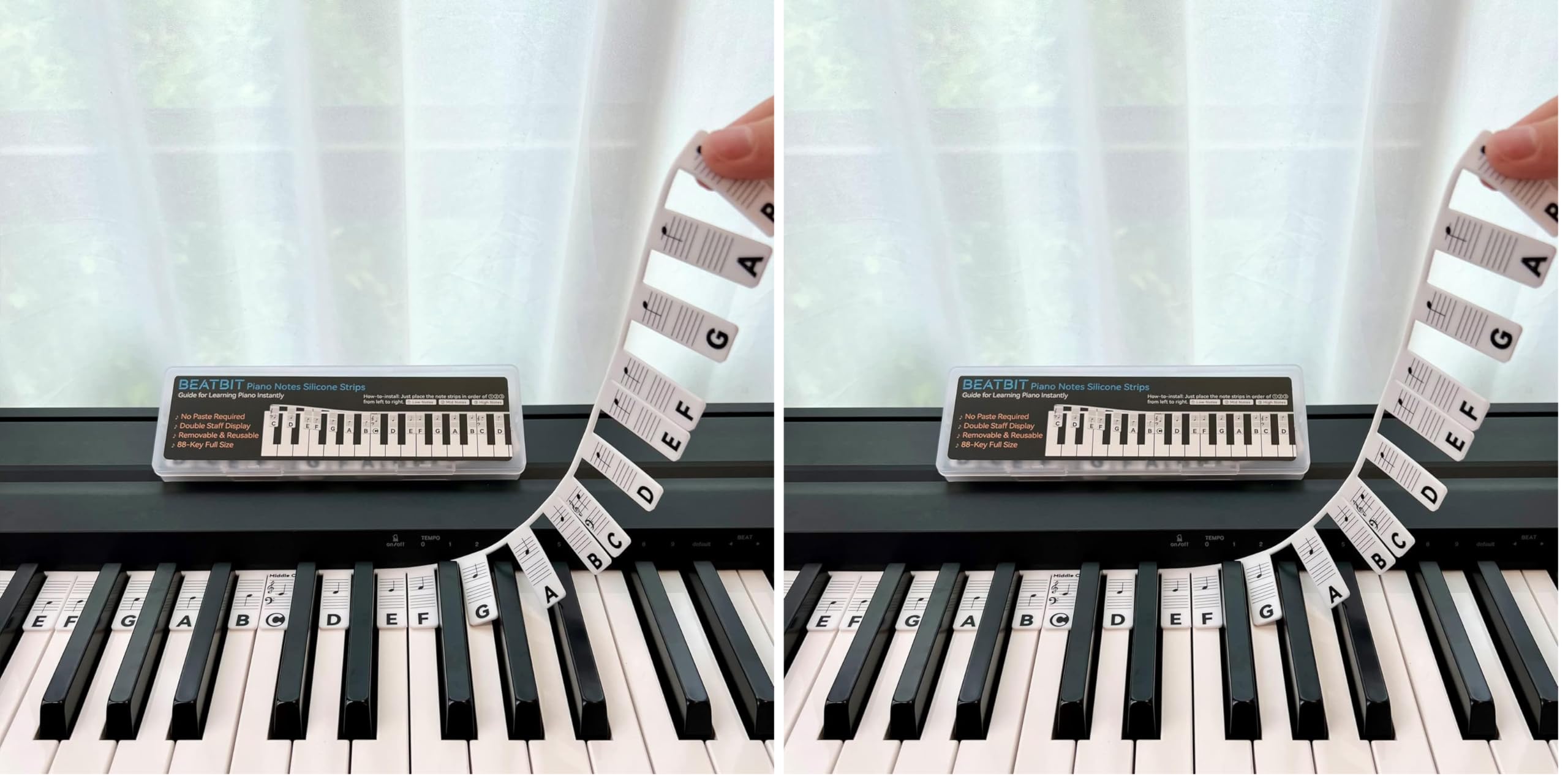 BEATBIT Piano Notes Guide for Beginner, Removable Piano Keyboard Note Labels for Learning, 88-Key Full Size, Made of Silicone, No Need Stickers, Reusable and Comes with Box (Classic Black） (Pack of 2)