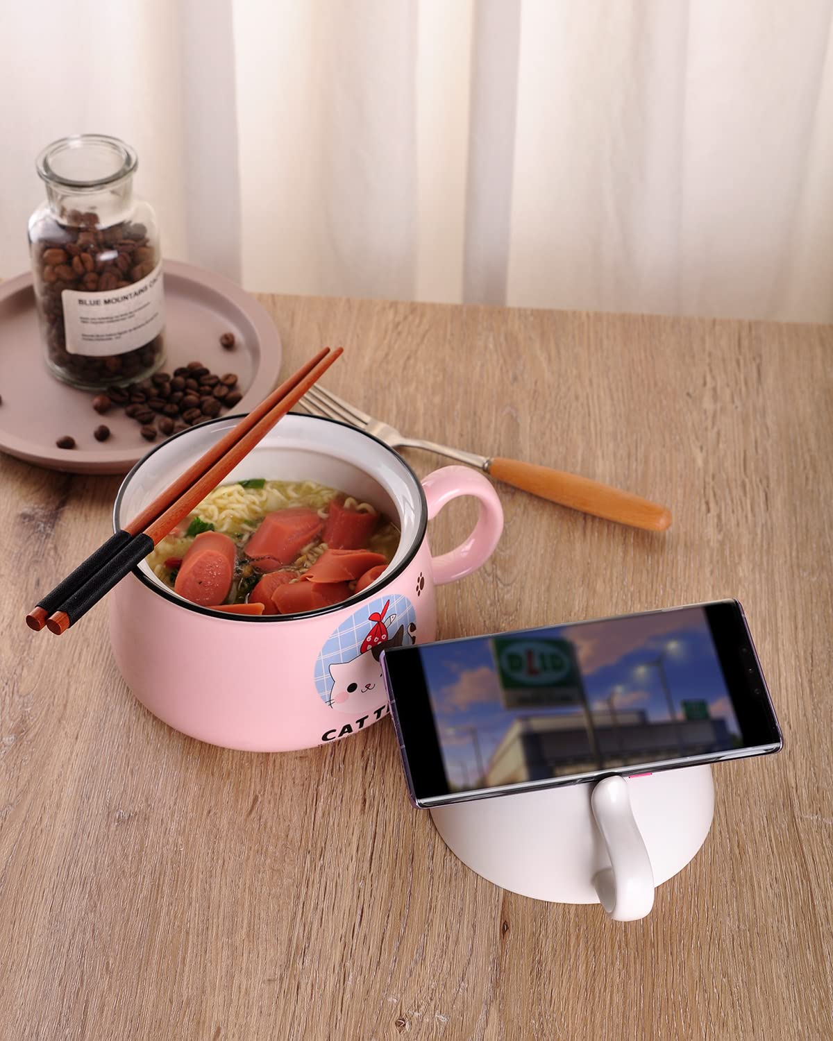WHJY Lindo juego de cuencos para ramen, cuenco para ramen con tapa, cocina de ramen para microondas para tazas de sopa instantáneas de fideos ramen con tapa, 35 onzas, amarillo